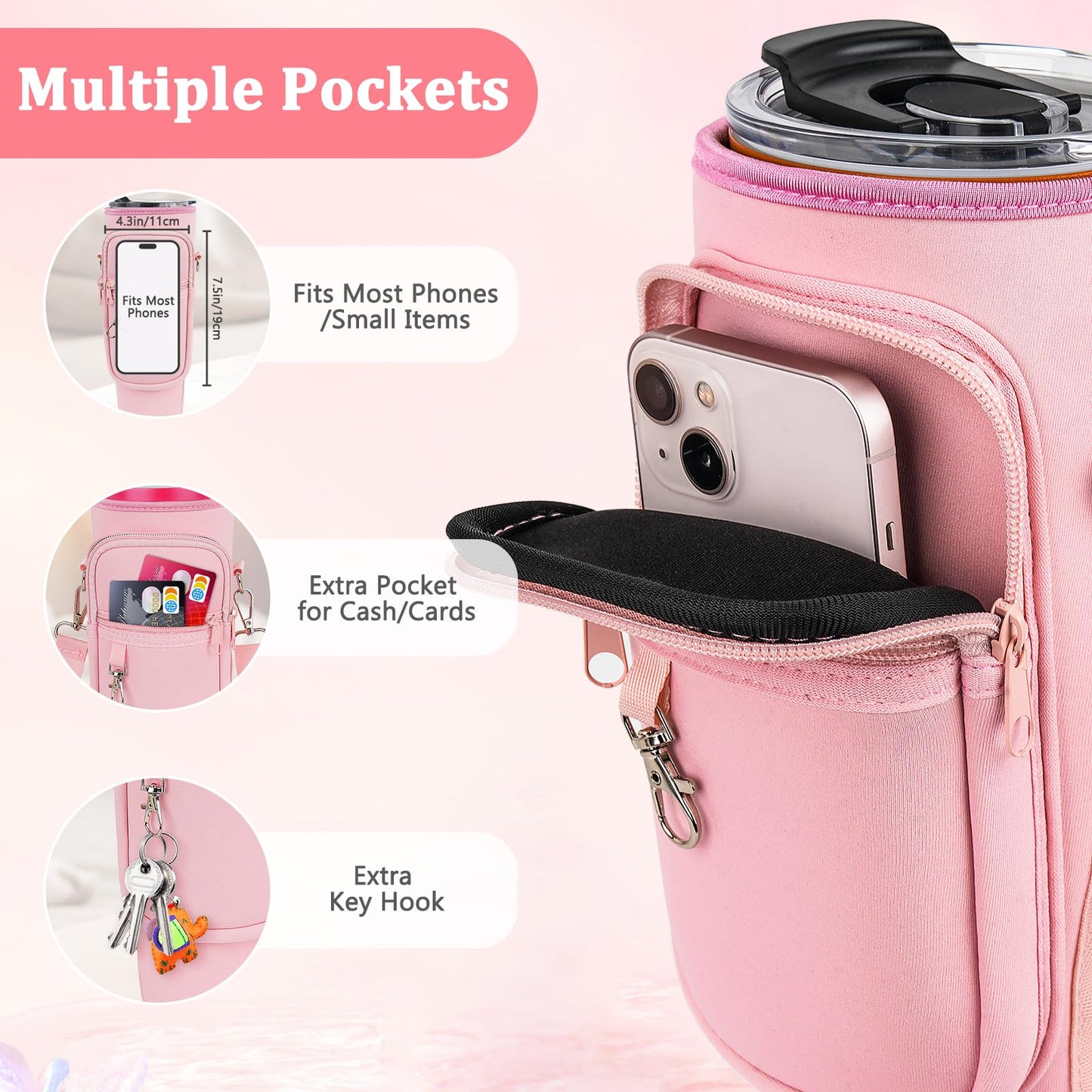 Water Bottle Carrier Bag with Phone Pocket Compatible with Stanley/Meoky 40 oz Tumbler with Handle,Neoprene Water Bottle Holder Pouch with Adjustable Strap Compatible with Stanley Cup Accessories,Pink