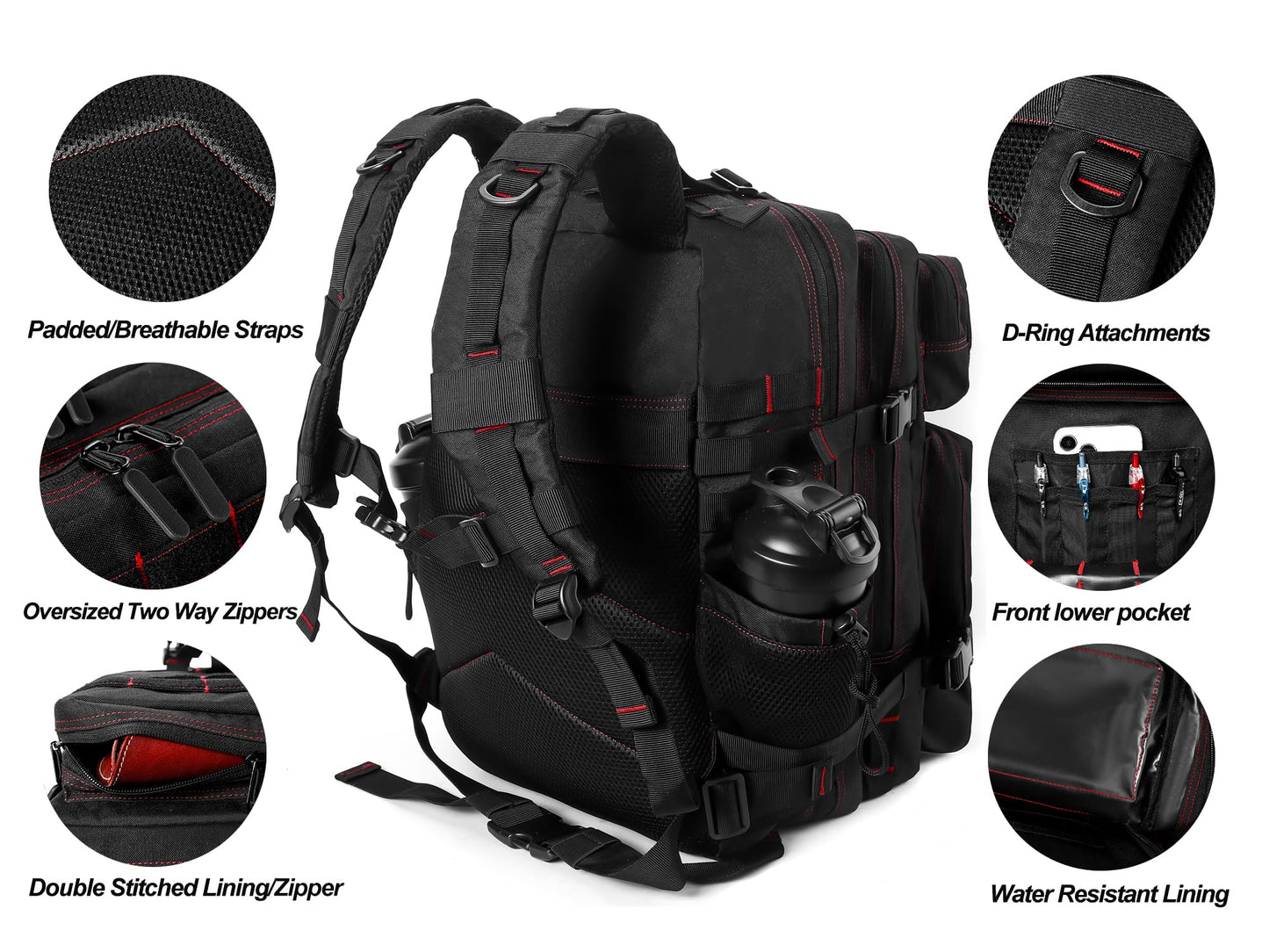 LHI Military Tactical Backpack for Men and Women 45L Army 3 Days Assault Pack Bag Large Rucksack with Molle System - Black with Red Line
