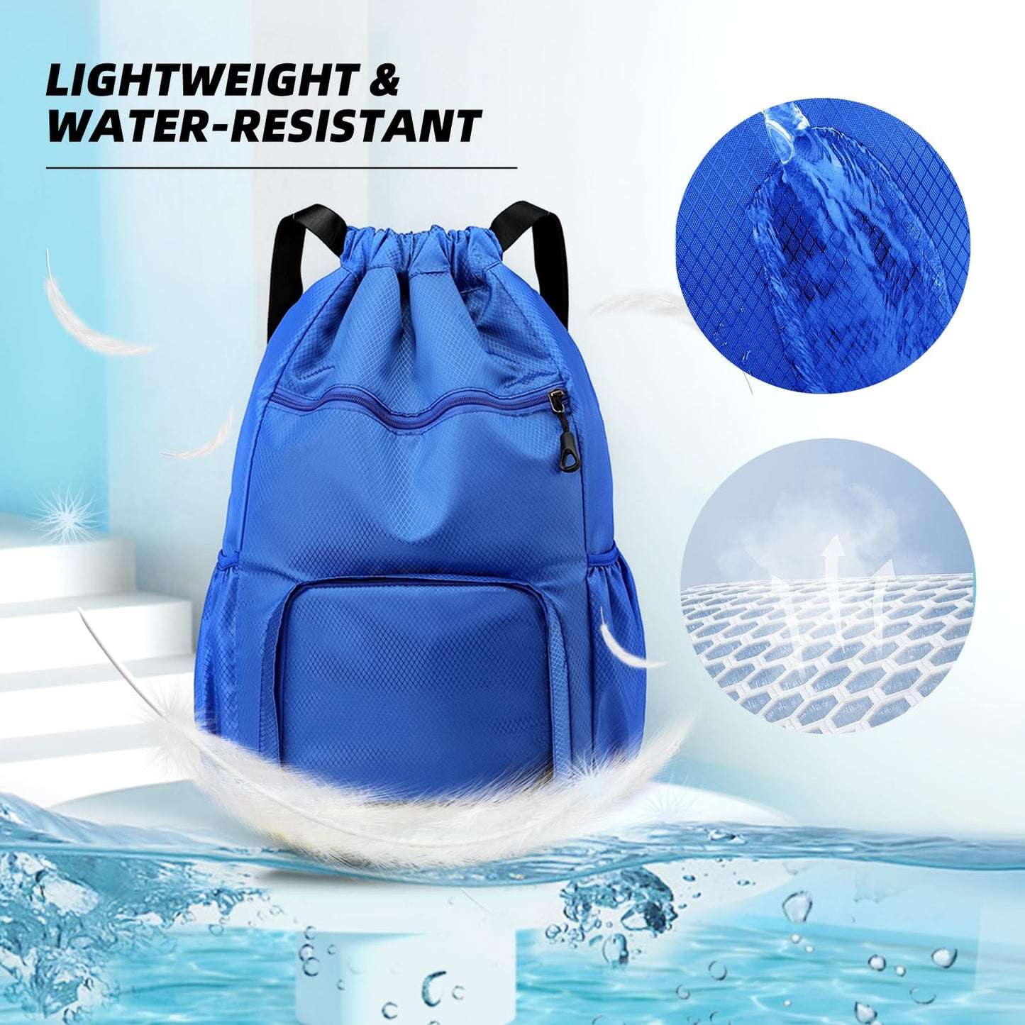 ChuLian Drawstring Backpack with Wet Pocket & Shoe Compartment, Water-Resistant Sports Gym Beach Swim String Bag for Women Men Navy Blue