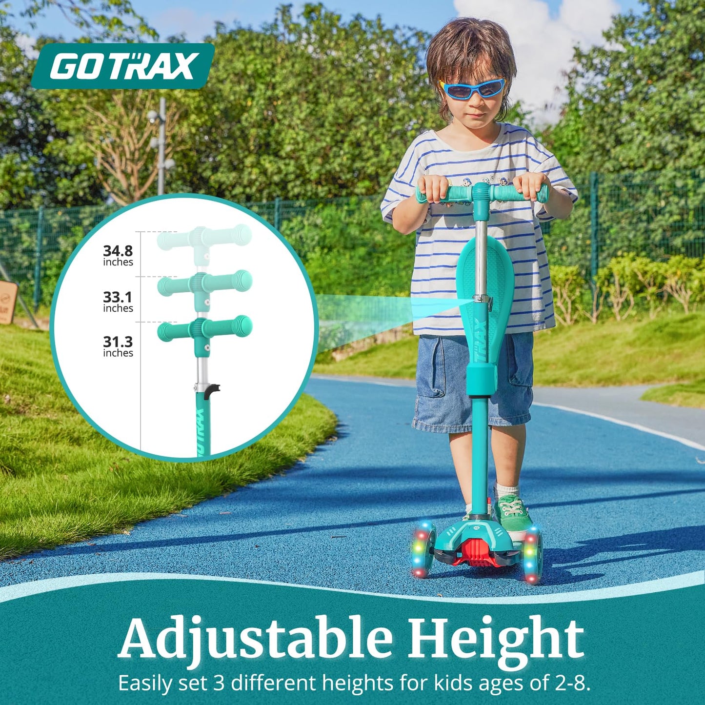 Gotrax KS3 Kids Kick Scooter, LED Lighted Wheels, Adjustable Height Handlebars and Removable Seat, Lean-to-Steer & Widen Anti-Slip Deck, 3 Wheel Scooter for Kids Ages 2-8 and up to 100 Lbs (Green)