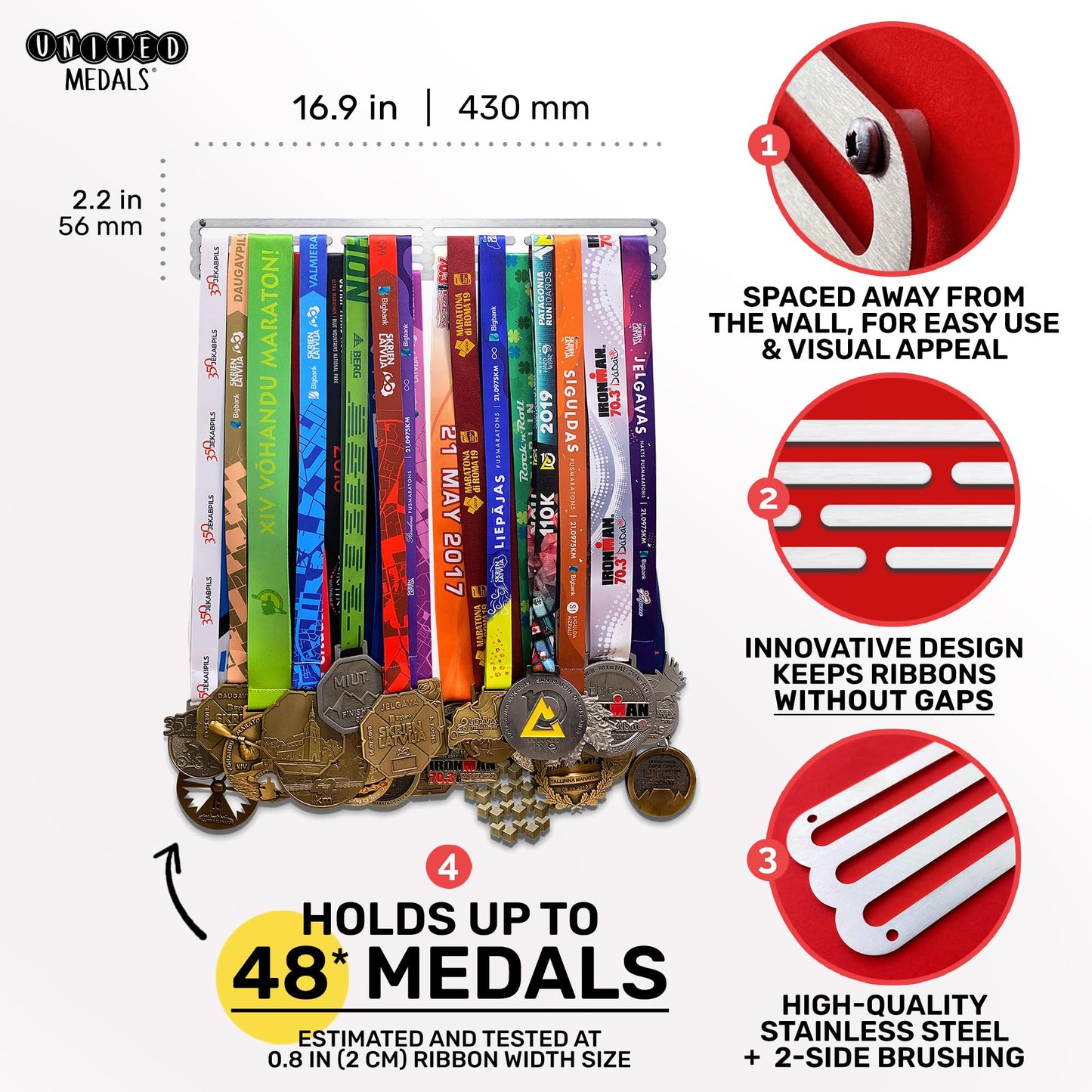 Sports Medal Hanger Display Race BLANK | Brushed steel Race Medal Holder Awards Wall Mount | Running Marathon Race Medal Display for Wall | Steel medal holder for wall holds up to 48 Medals