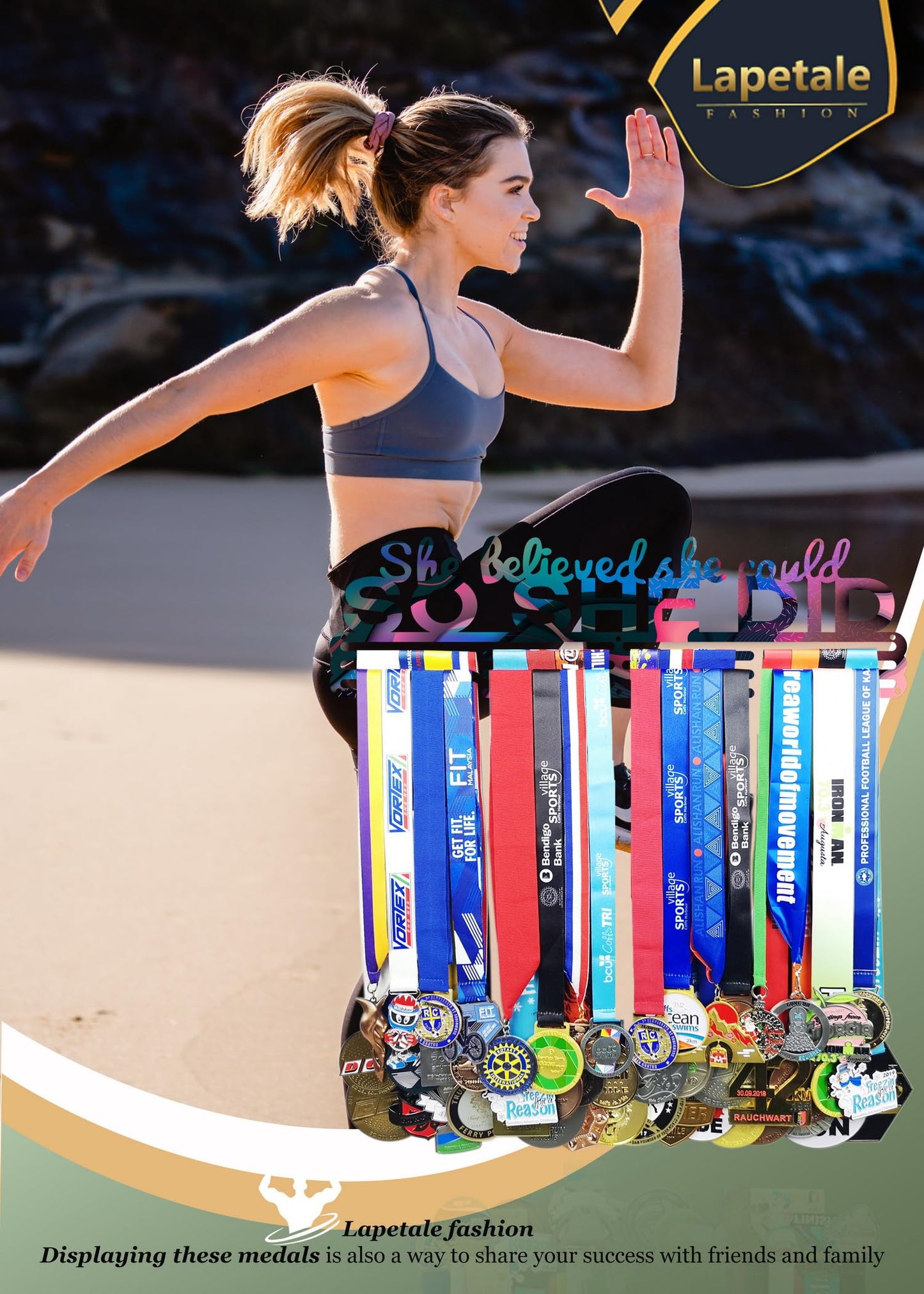 Lapetale Fashion Medal Hanger Holder Display Wall Rack Frame Shelf in 16" Long-Medal Hanger Awards Ribbon Cheer,Gymnastics,Soccer,Softball Holder Display Custom Rack for Sports Medals Easy to Install