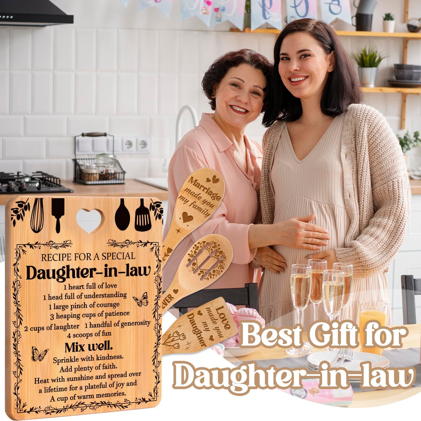 Gifts for Daughter in Law - "Recipe for a Special Daughter-in-Law" Daughter in Law Birthday Gifts Cutting Board Set, Bamboo-Made Engraved Utensil Set Gifts for Daughter in Law.