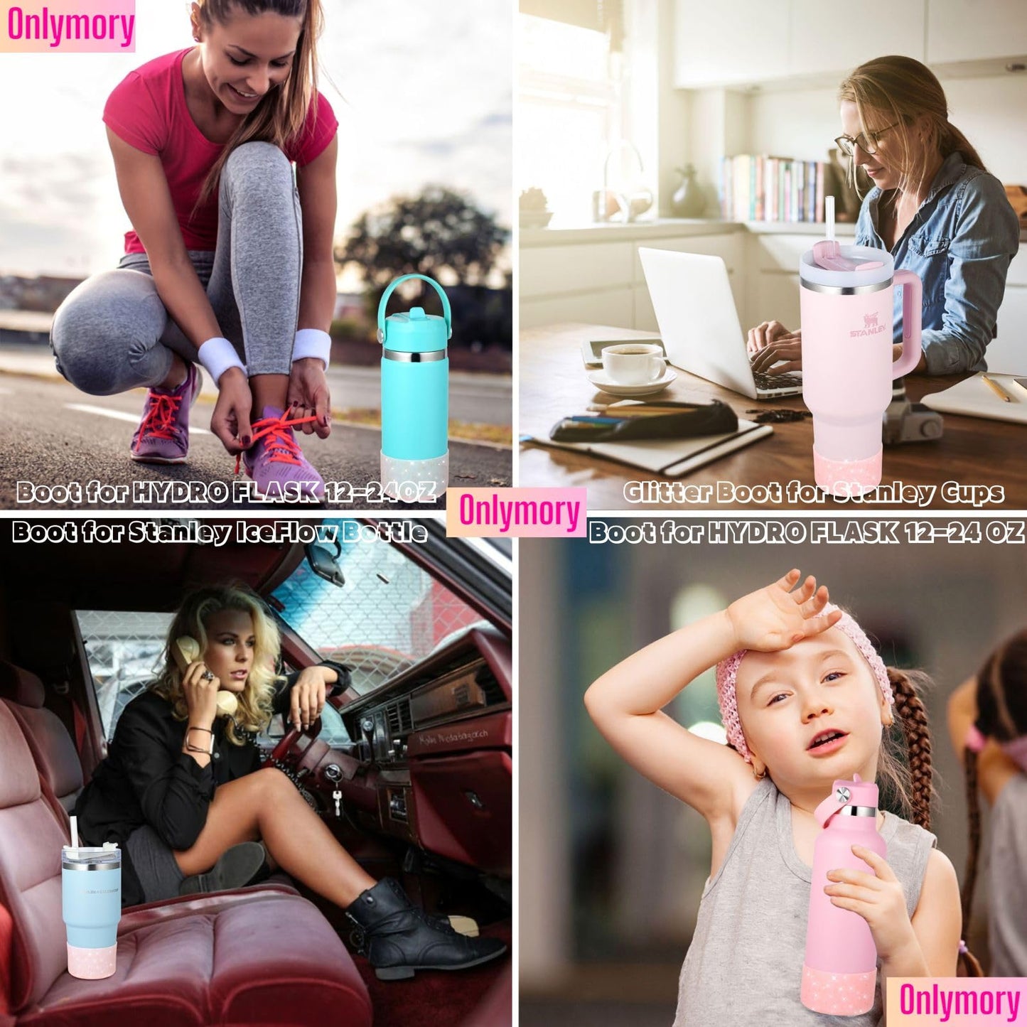Silicone Boots for Stanley Cup 20-40 OZ, Glitter Boot for Stanley IceFlow 20 30 OZ, Bottom Protector Sleeve for Hydroflask 12-24 OZ Sports Water Bottle Boot Accessories (Clear Peach Pink)