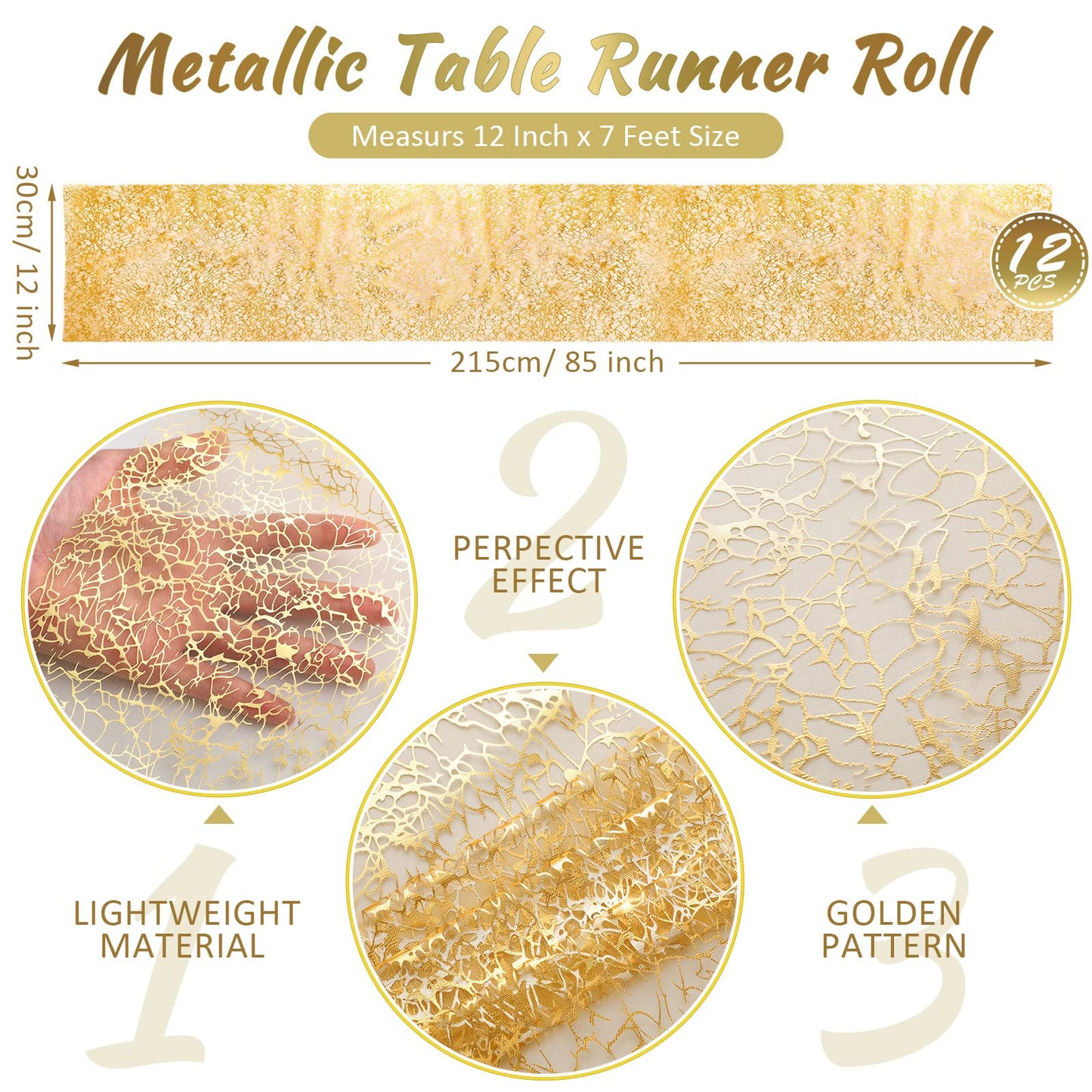 Chumia 12 Pieces Gold Table Runner 12 x 85 Inch Sequin Glitter Table Runner Roll Metallic Thin Mesh Fabric Decor for Party Wedding Shower Birthday Baby Shower Party Supplies