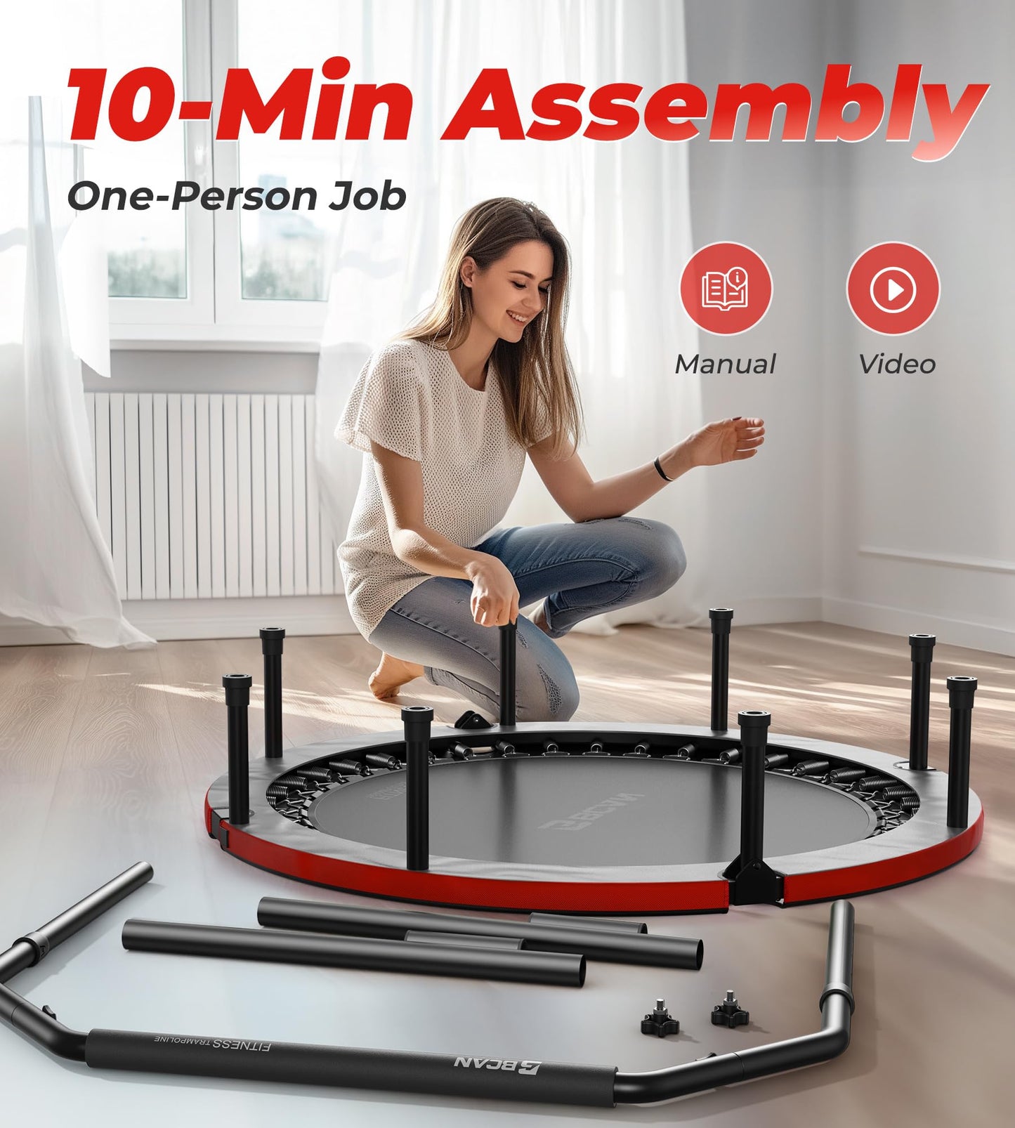 BCAN 40"/48" Foldable Mini Trampoline, Rebounder Trampoline for Adults, U/T Shape Adjustable Foam Handle, Exercise Rebounder for Kids Adults Indoor/Garden Workout, Max Load 330lbs/440lbs