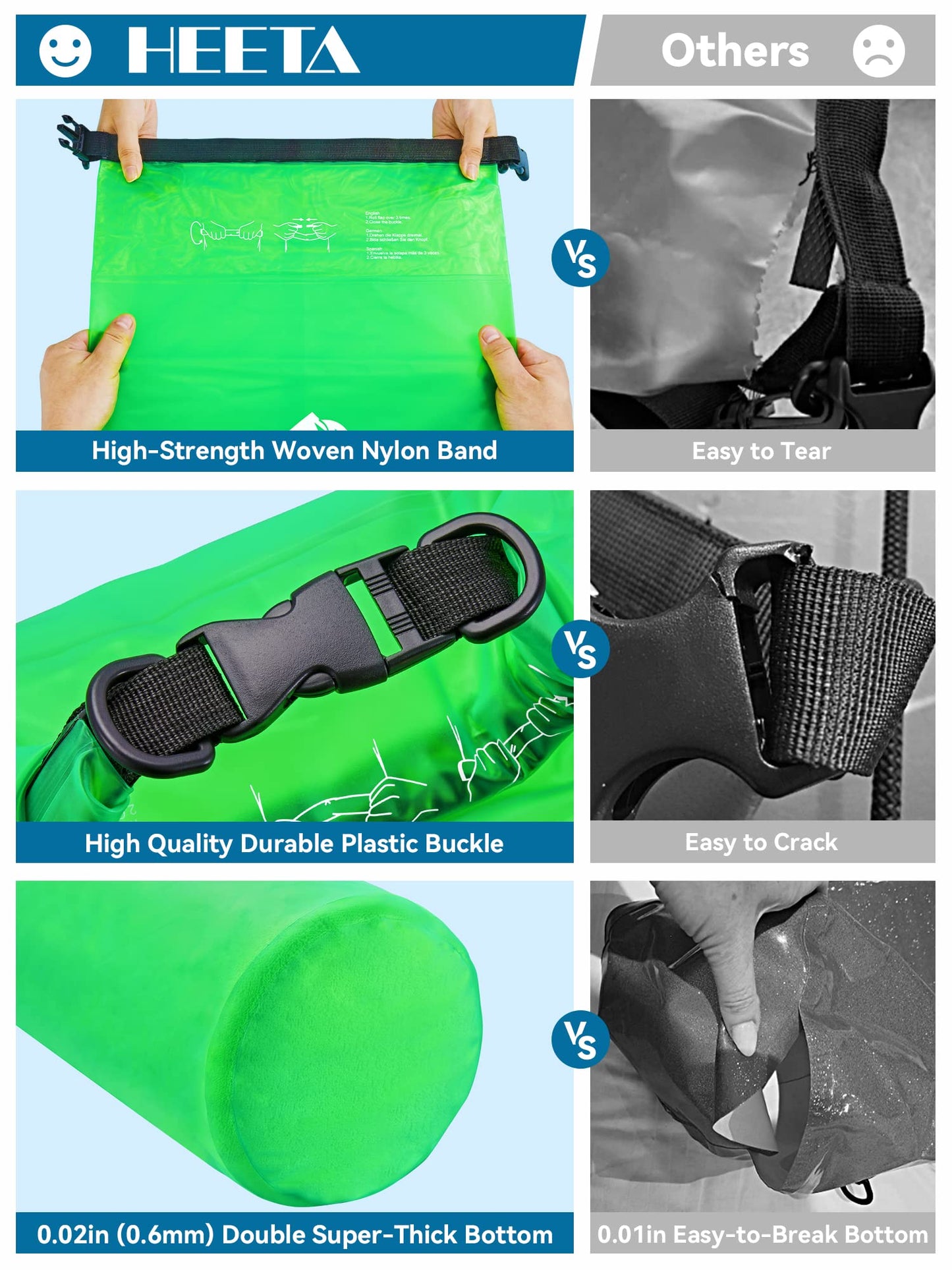 HEETA Waterproof Dry Bag for Women Men, Roll Top Lightweight Dry Storage Bag Backpack with Phone Case for Travel, Swimming, Boating, Kayaking, Camping and Beach, Transparent Green 5L