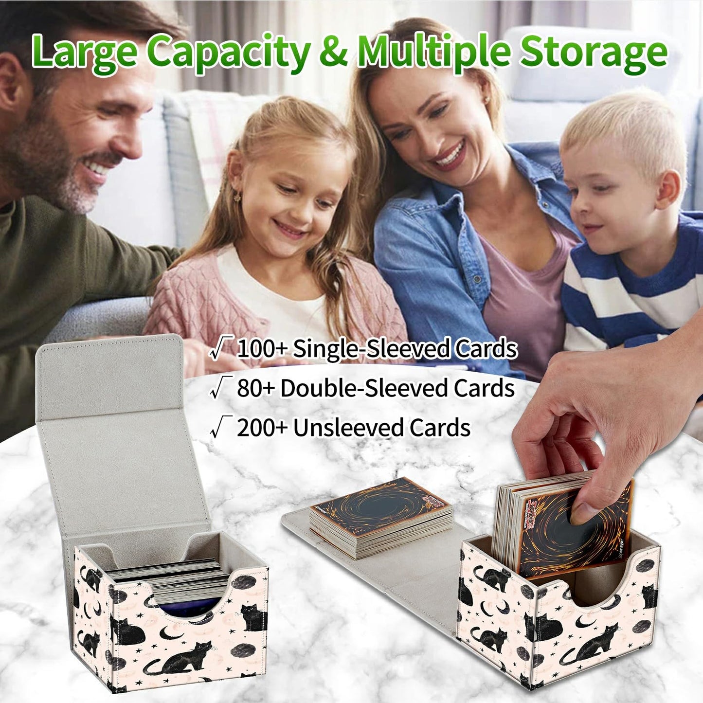 RWUTYTIUL Card Deck Box for MTG Cards, Card Storage Box Fits 100+ Sleeved Cards, PU Leather Large Size Strong Magnet Card Deck Case Holder for Board Game Magic MTG TCG CCG, Black Cat
