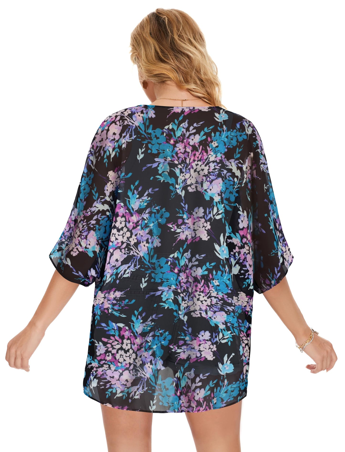 Womens Floral Kimono Cardigans Beach Coverups Loose Puff Sleeve Casual Tops (Purple Flowers Print,S)