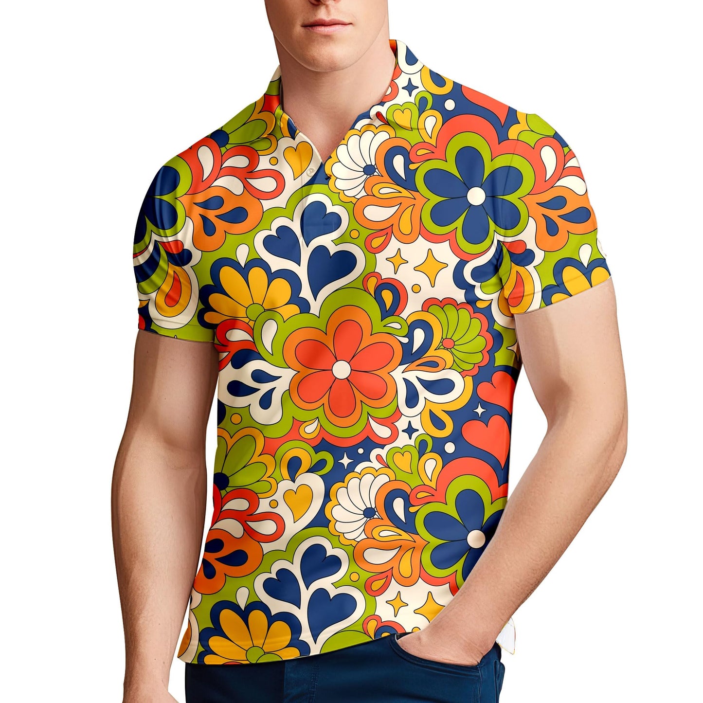 VUGOTU Hippie 70s Men Golf Shirts for Men,Hippie Shirts Psychedelic Shirt Short Sleeve,Mens 70s Shirt 70s Outfits