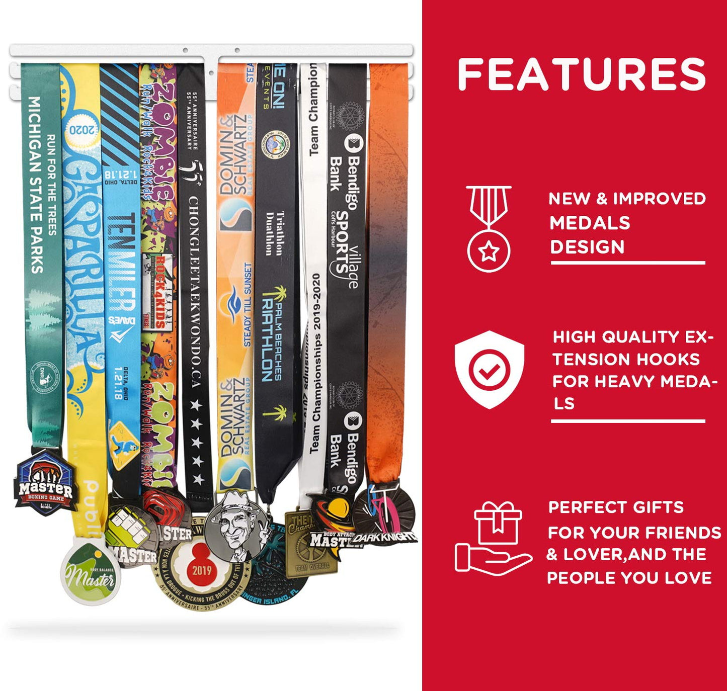 iBobbish Sports Marathon Medal Display Hanger Holder Racks Frame Wall Mount Over 40 Medals Upgraded 3 Lines with 3 Screws Easy to Install Easy to use-White