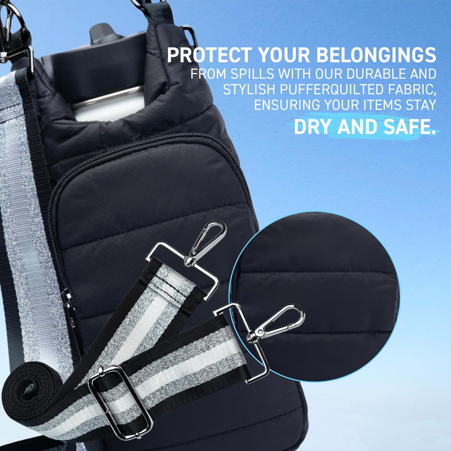 WanderFull Original Crossbody HydroBag | Quilted Water Bottle Carrier | Puffer Tote Tumbler Holder with Pockets for Phone & Accessories | Carry Travel Essentials (Matte Black/Silver Striped Strap)