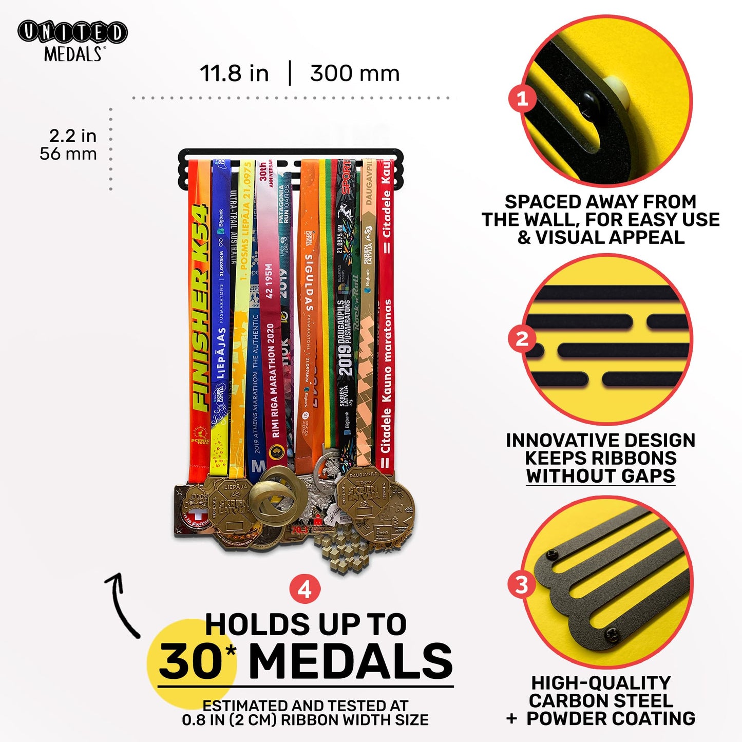Sports Medal Hanger Display Race BLANK | Black Race Medal Holder Awards Wall Mount | Running Marathon Race Medal Display for Wall | Steel medal holder for wall holds up to 30 Medals