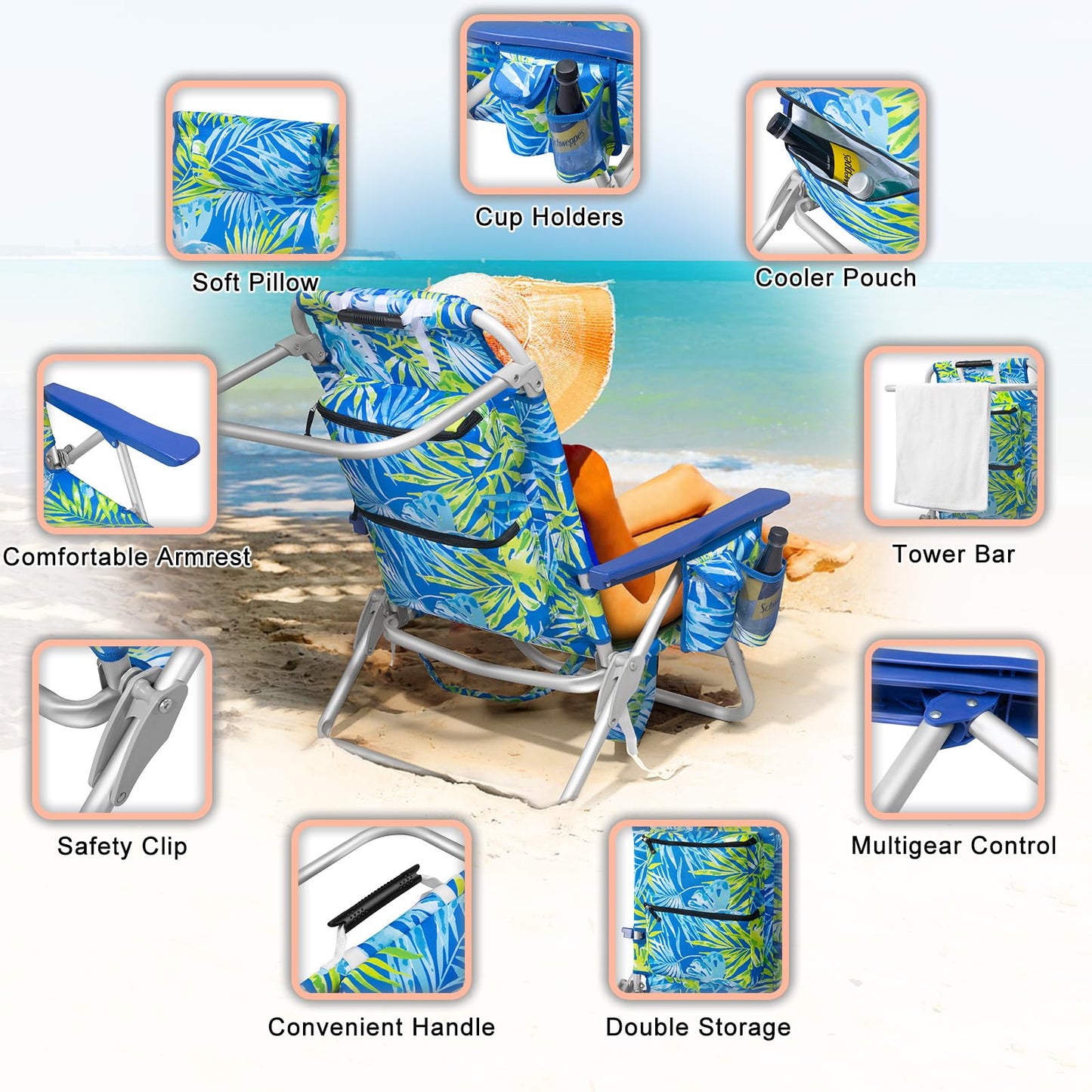 PRETZI Backpack Beach Chairs for Adults - Folding Heavy Duty Camping Chair with Storage Pouch, Cup Holder & Towel Rack, Lightweight & Adjustable Chair for Outdoor,Travel (2pcs / Tropical Foliage)