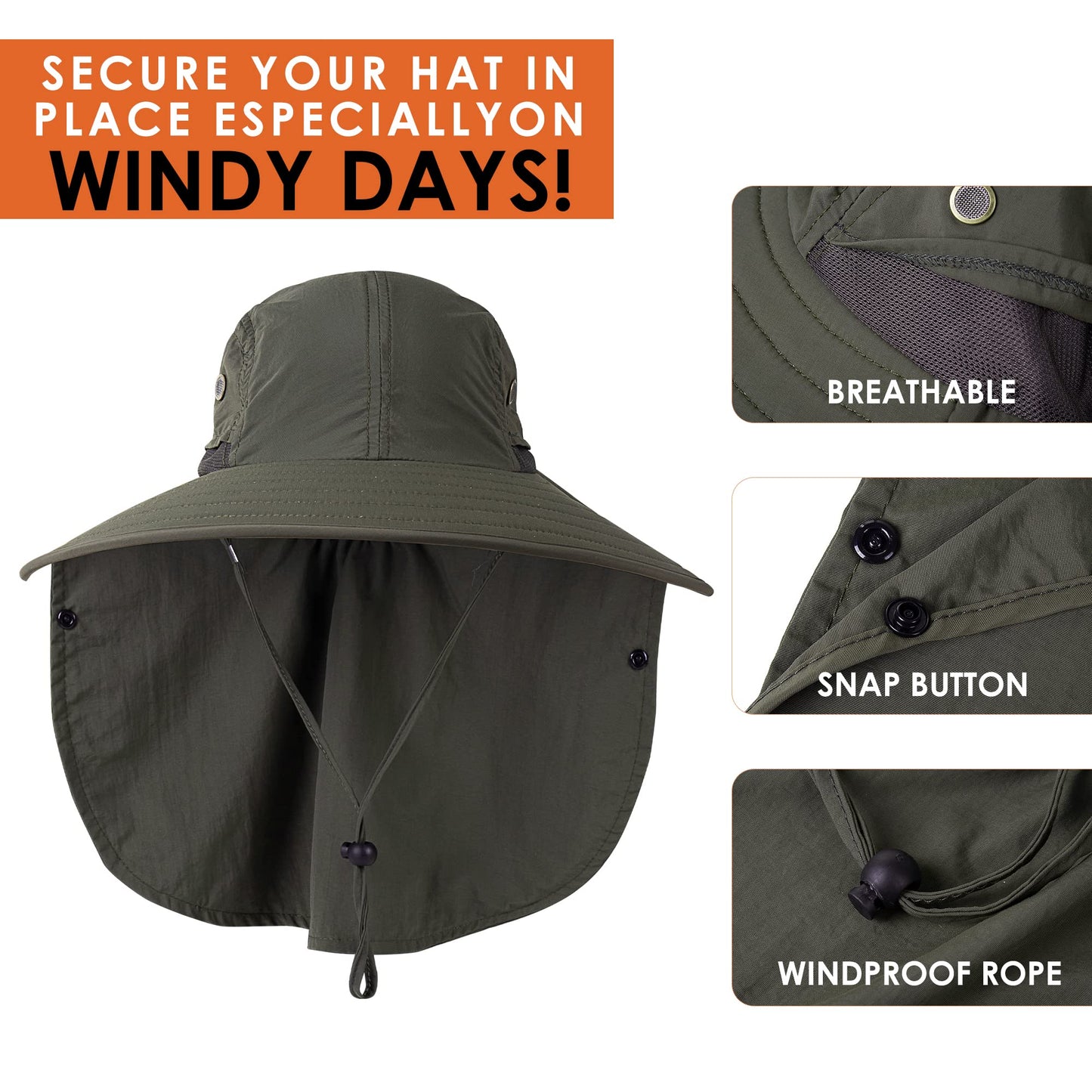 HEEHIPOO Mens Women Fishing Hat UPF 50+ Wide Brim Sun Hat with Face Cover & Neck Flap Green