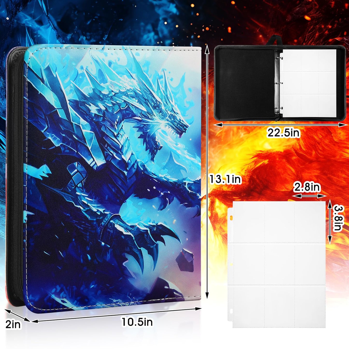Trading Card Binder with Removable Sleeves, 3-Ring Card Holder with Zipper, Carrying Case Binder Album, Book Folder Storage Organizer (9 pocket with 900 cards)