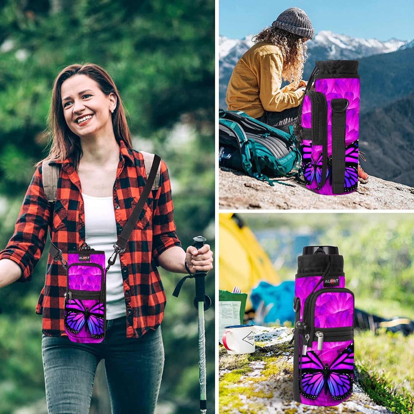 AUPET Water Bottle Sling Bag Sleeve Holder Carrier 25/32/40/64 oz,Insulated Crossbody Water Bottle Case Cover with Strap and Pockets for Men/Women Walking Hiking Camping (25oz, butterflys)
