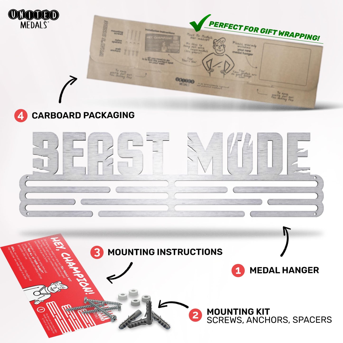 Sports Medal Hanger Display Race BEAST MODE | Brushed steel Race Medal Holder Awards Wall Mount | Running Marathon Race Medal Display for Wall | Steel medal holder for wall holds up to 48 Medals