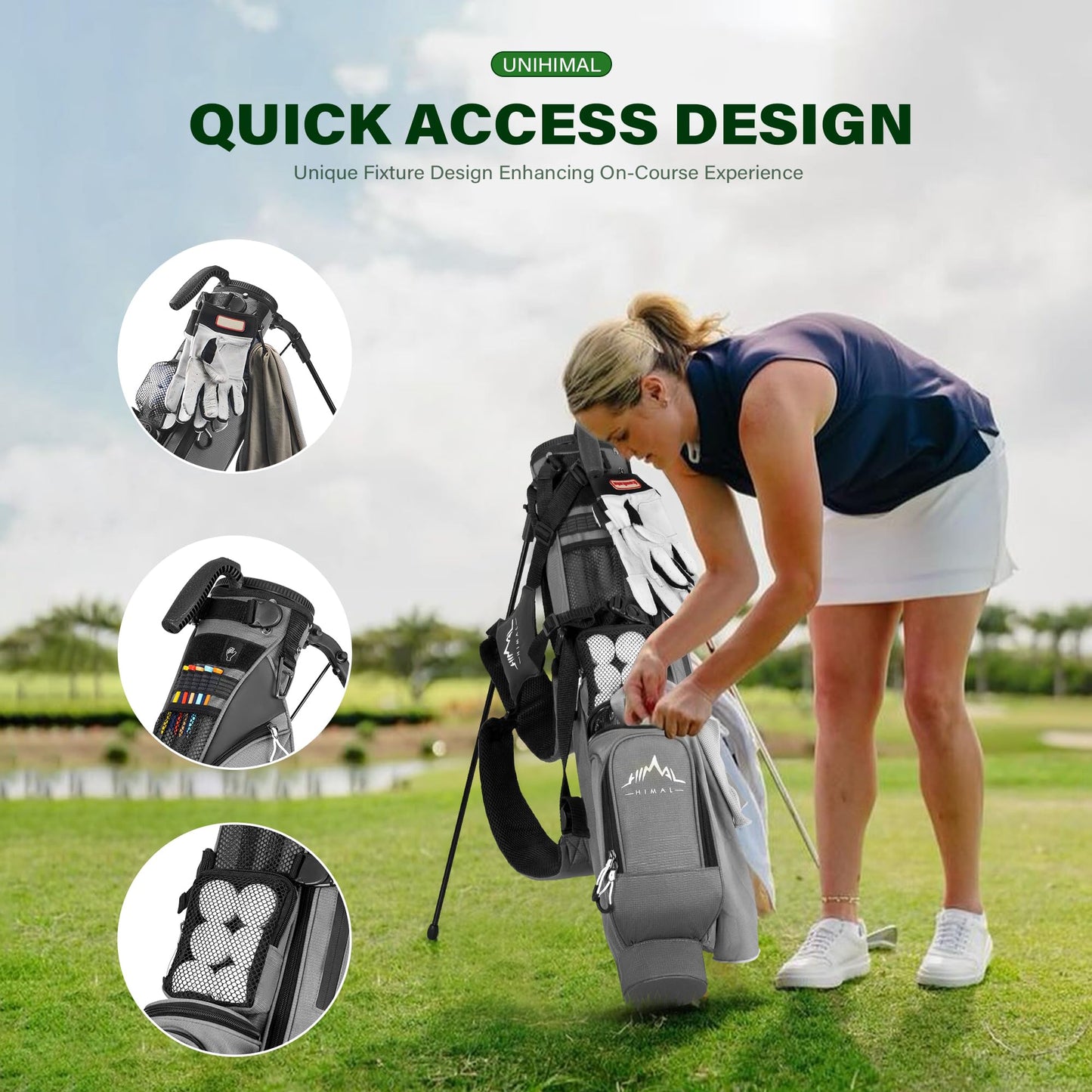 UNIHIMAL Golf Lightweight Stand Carry Bag PRO with Dual Shoulder Straps – Easy to Carry and Durable Pitch n Putt Golf Bag for The Driving Range, Par 3, and Executive Courses – 31.5 inches Tall (Grey)
