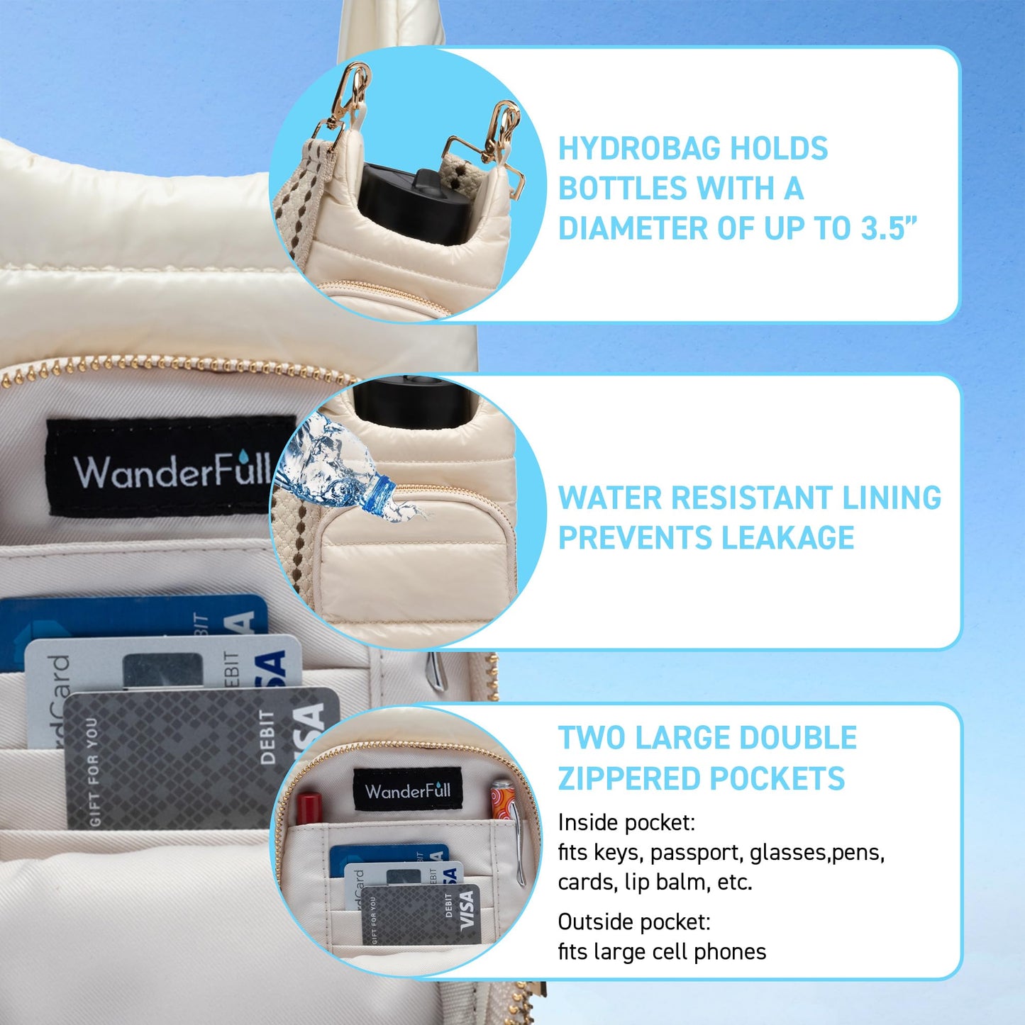 WanderFull Original Crossbody HydroBag | Quilted Water Bottle Carrier | Puffer Tote Tumbler Holder with Pockets for Purse, Phone & Accessories | Carry Travel Essentials (Ivory Gloss)