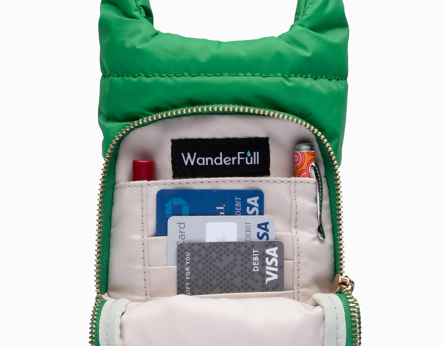 WanderFull Original Crossbody HydroBag | Quilted Water Bottle Carrier | Puffer Tote Tumbler Holder with Pockets for Purse, Phone & Accessories | Carry Travel Essentials (Green/Patterned Strap)