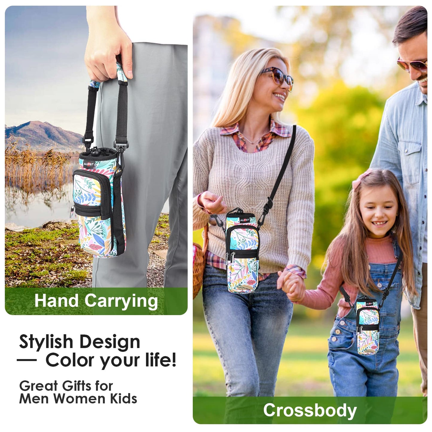 AUPET Water Bottle Sling Bag Sleeve Holder Carrier 25/32/40/64 oz,Insulated Crossbody Water Bottle Case Cover with Strap and Pockets for Men/Women Walking Hiking Camping (25oz, yellow leaves)