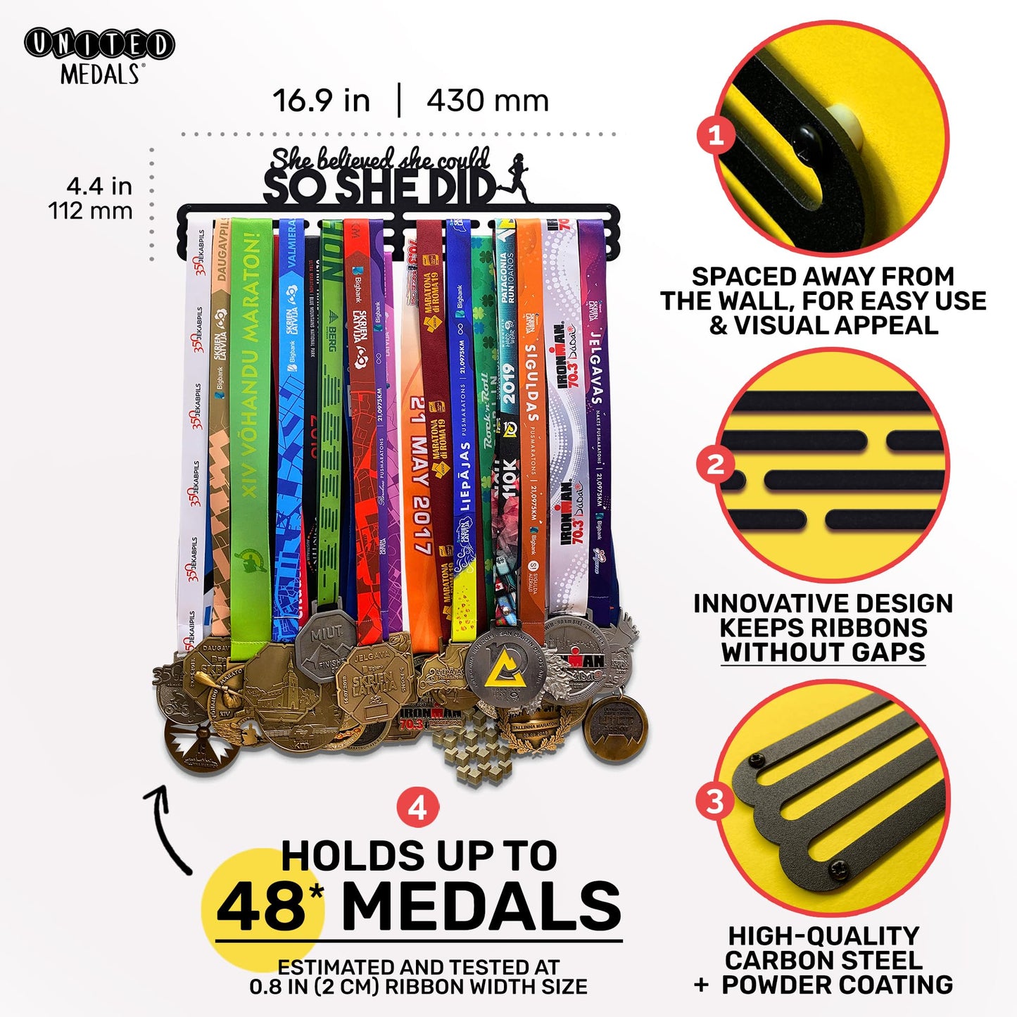Sports Medal Hanger Display Race She Believed She Could So She Did | Black Race Medal Holder Awards Wall Mount | Running Marathon Race Medal Display for Wall | Steel medal holder for wall