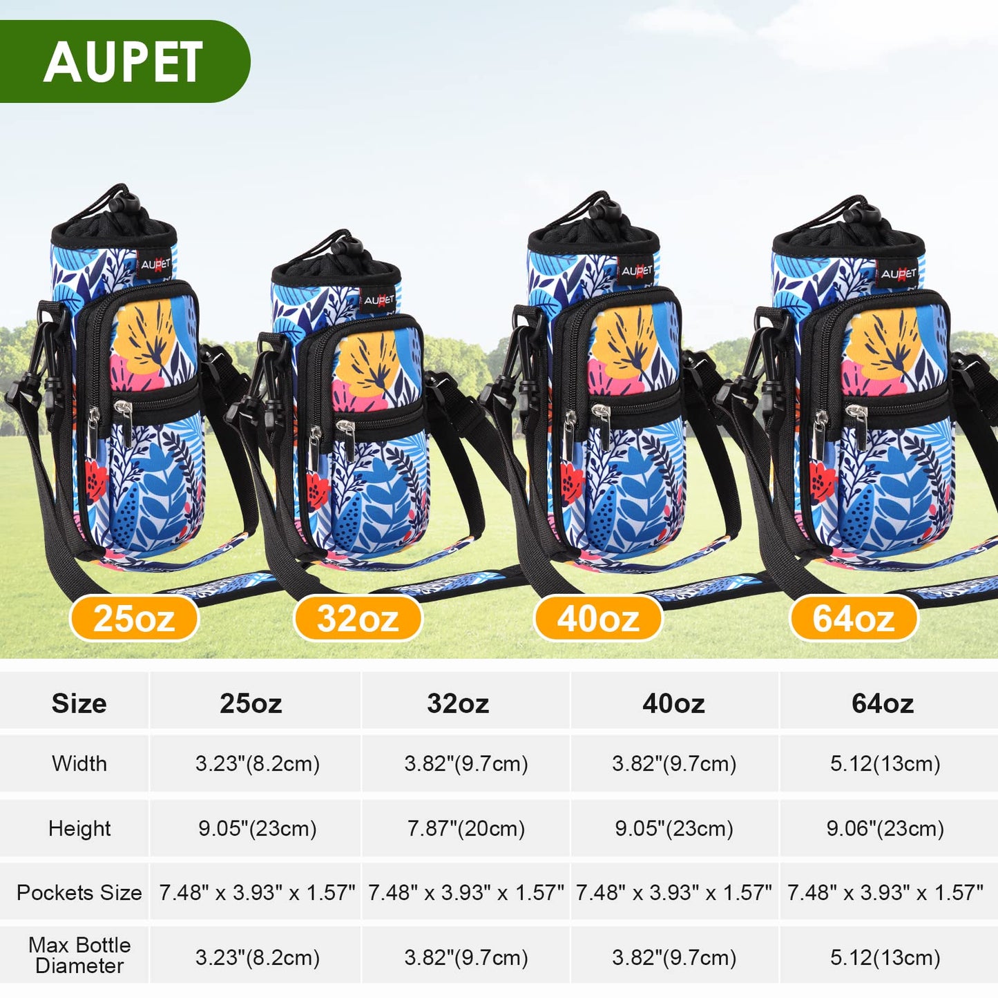AUPET Water Bottle Sling Bag Sleeve Holder Carrier 25/32/40/64 oz,Insulated Crossbody Water Bottle Case Cover with Strap and Pockets for Men/Women Walking Hiking Camping (25oz, blue orange flower)