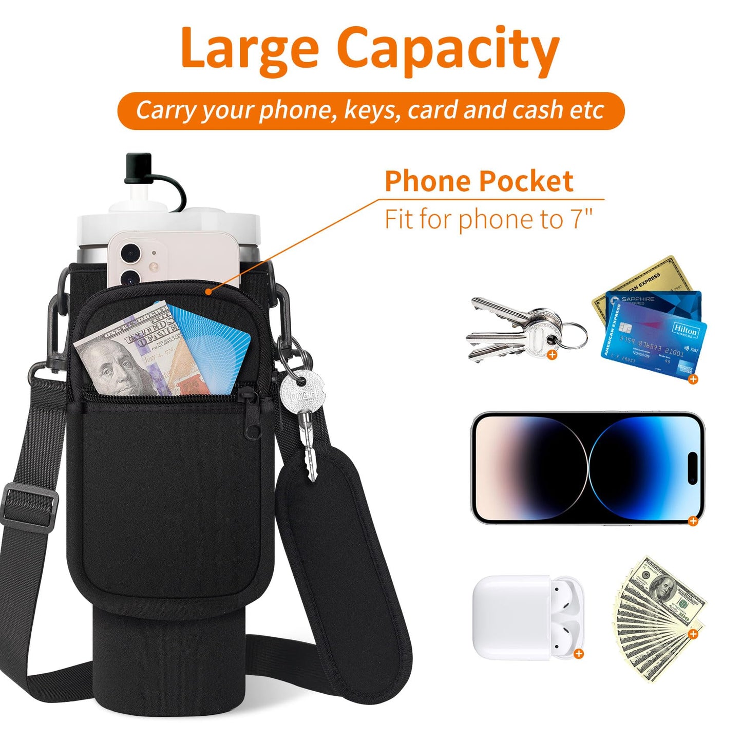 AceTreker 40/30 oz Stanley Cup Carrier Bag with Paracord Handle, Neoprene Stainless Steel Tumbler Sleeve Pouch with 2 Pockets & Adjustable Strap & Straw Cover for Walking Hiking Gym-Black