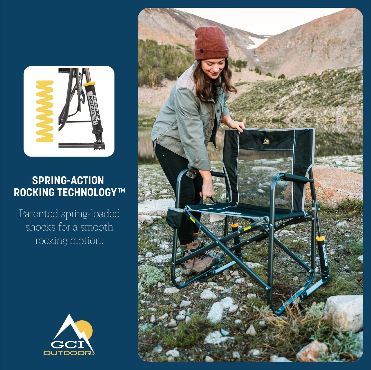 GCI Outdoor Freestyle Rocker Camping Chair | Portable Folding Rocking Chair with Solid, Durable Armrests, Drink Holder & Comfortable Backrest — Royal Blue
