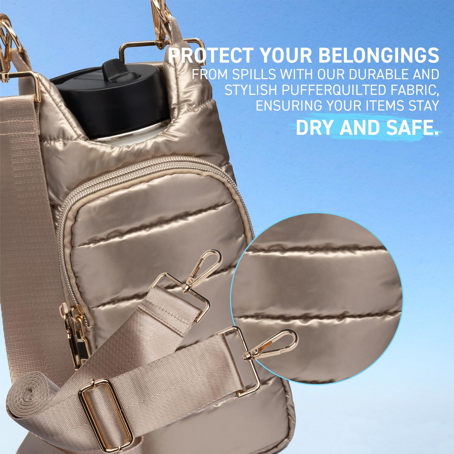 WanderFull Original Crossbody HydroBag | Quilted Water Bottle Carrier | Puffer Tote Tumbler Holder with Pockets for Purse, Phone & Accessories | Carry Travel Essentials (Gold Shiny/Solid Gold Strap)
