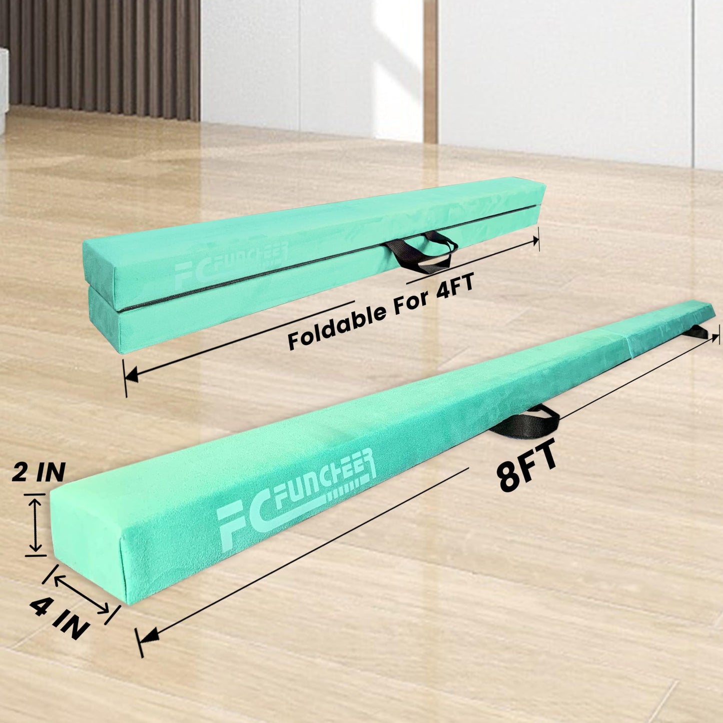 FC FUNCHEER 8FT Folding Balance Beam -Gymnastics Floor Beam - Gymnastics Equipment- Anti-Slip Bottom - Suede Cover - Carry Bag for Kids/Adults Home & Gym Center
