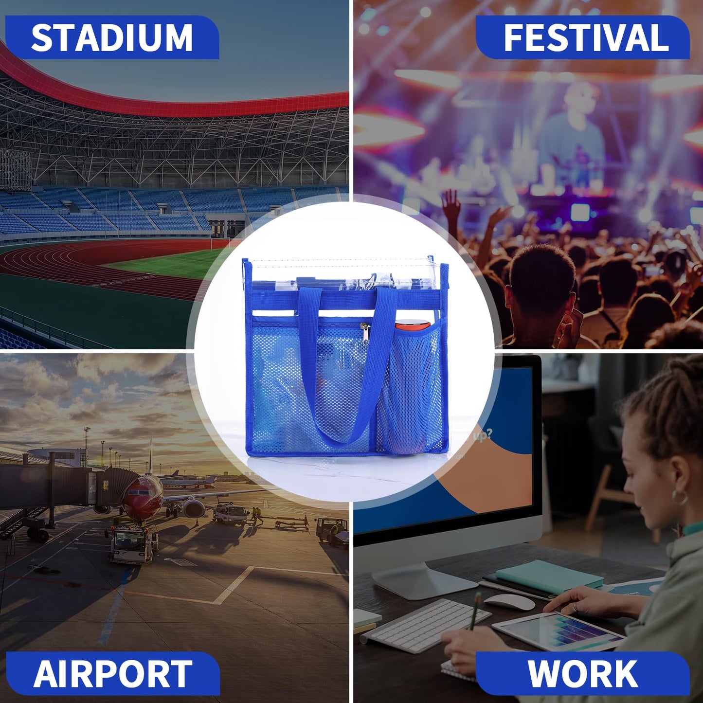 NATURAL STYLE 2-PACK Clear Bag Stadium Approved, Multifunction Clear Tote Bag for Travel Festival Work Sports Events Concerts Games (Blue)