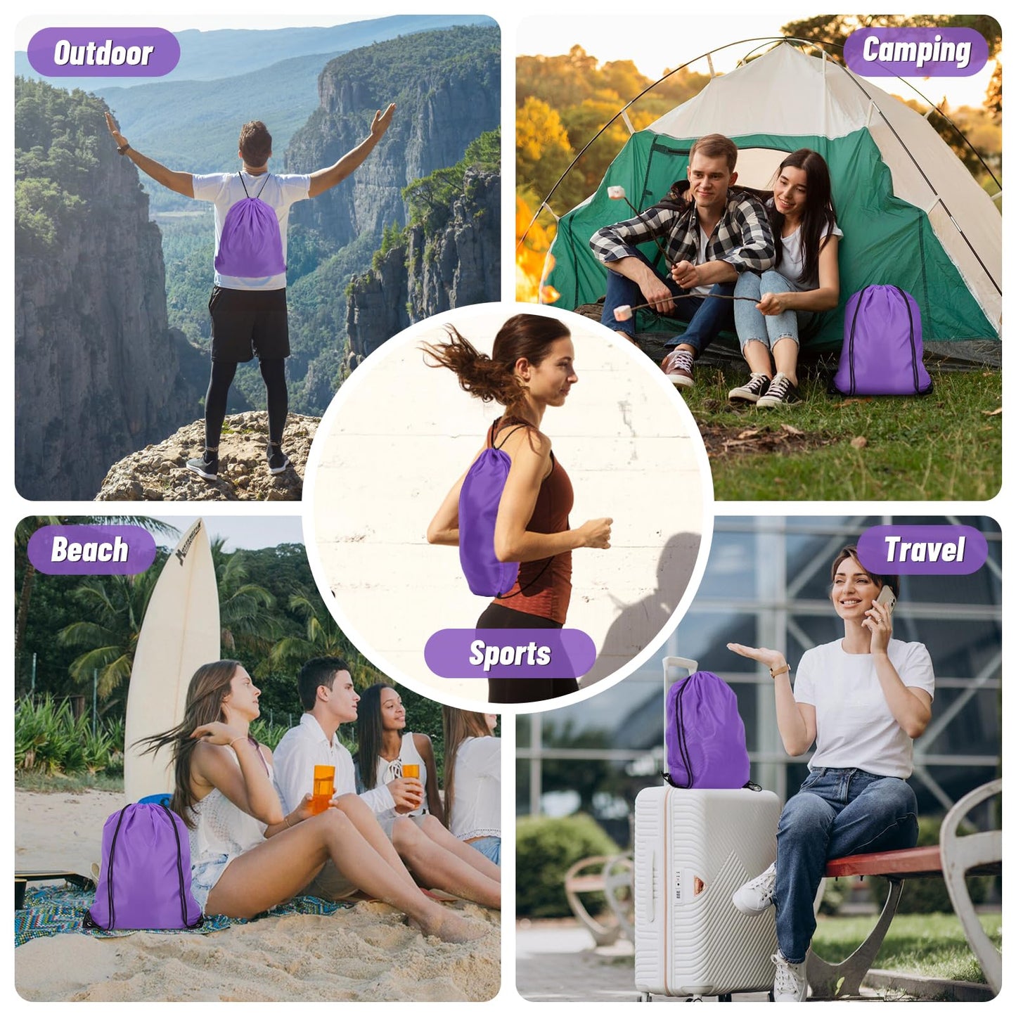 Dynvue 12pcs Drawstring Backpack Sport Gym Bag, 13.39"x16.93" Cinch Bags Drawstring Sport Backpack, Water Resistant String Bag for Gym, Reinforced Draw String Bag Pack Bulk for DIY Beach Sport, Purple