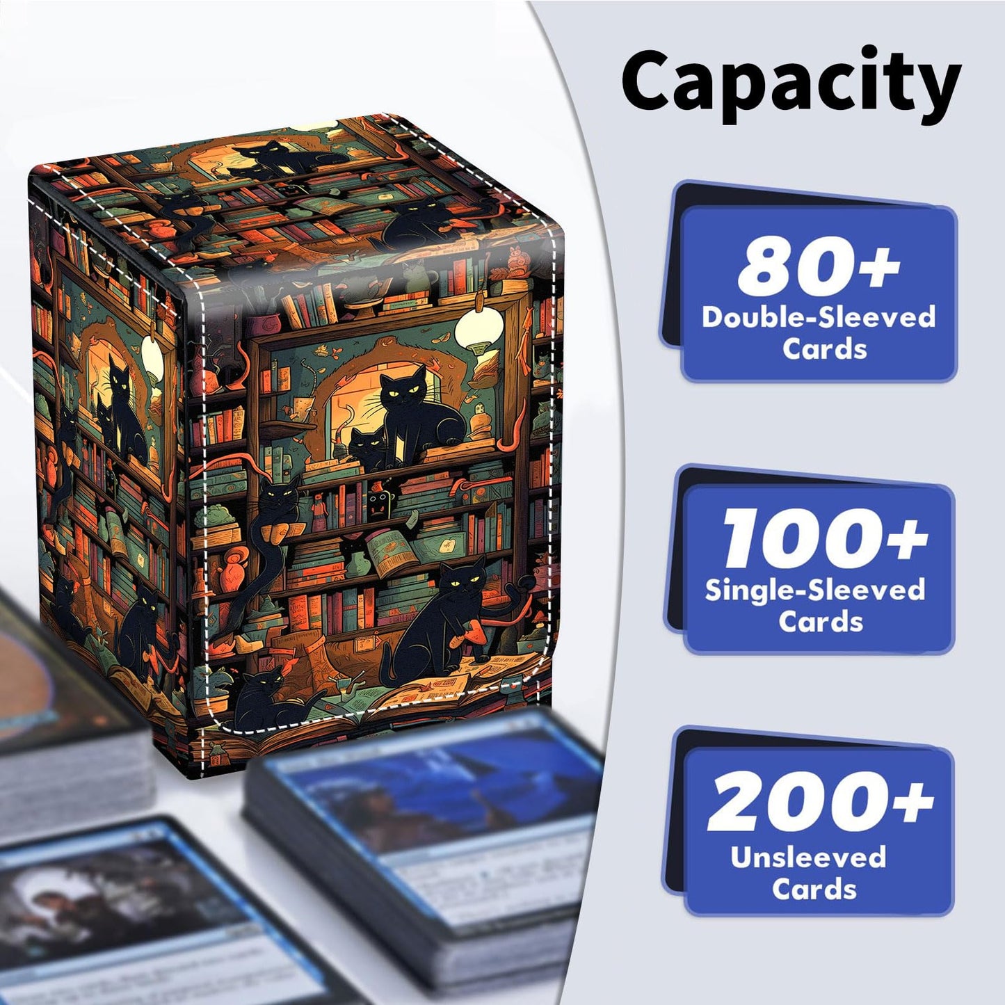 Qindaiwen Card Deck Box for Trading Cards, MTG Deck Box Fits 100+ Single Sleeved Cards, PU Leather Strong Magnet Card Deck Case Holder for Magic Commander TCG CCG, Night Cat 02
