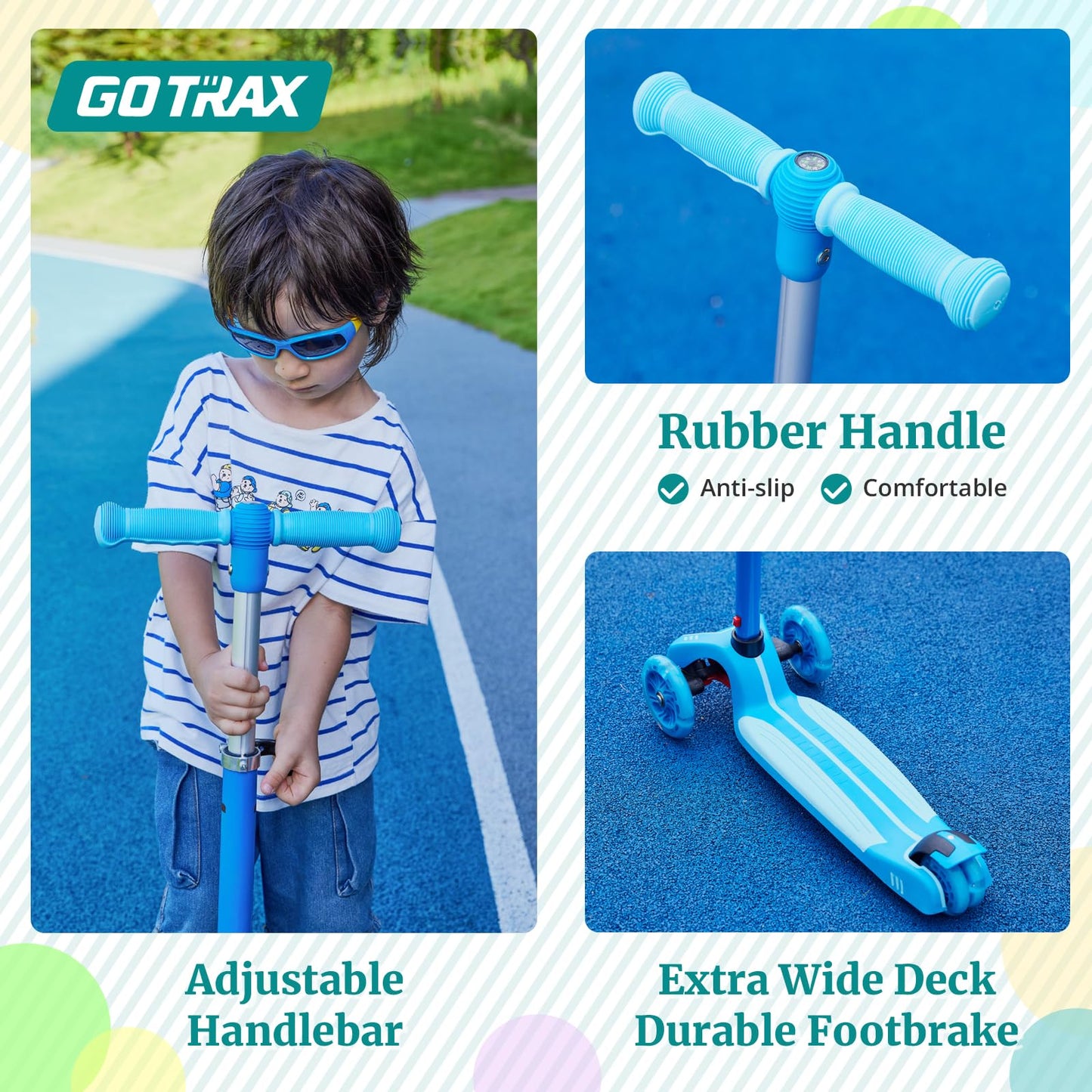 Gotrax KS1 Kids Kick Scooter, LED Lighted Wheels and 3 Adjustable Height Handlebars, Lean-to-Steer & Widen Anti-Slip Deck, 3 Wheel Scooter for Boys & Girls Ages 2-8 and up to 100 Lbs (Blue)