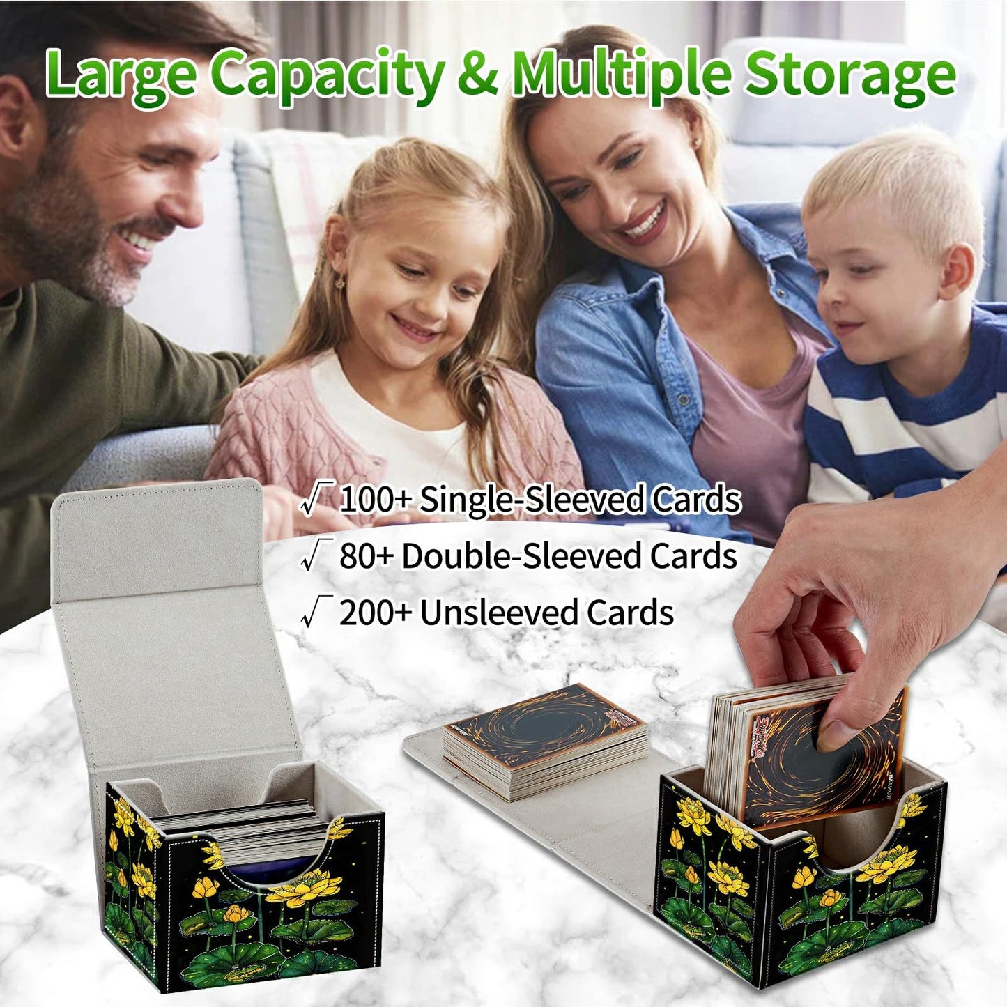 RWUTYTIUL Card Deck Box for MTG Cards, Card Storage Box Fits 100+ Sleeved Cards, PU Leather Large Size Strong Magnet Card Deck Case Holder for Board Game Magic MTG TCG CCG, Yellow Lotus