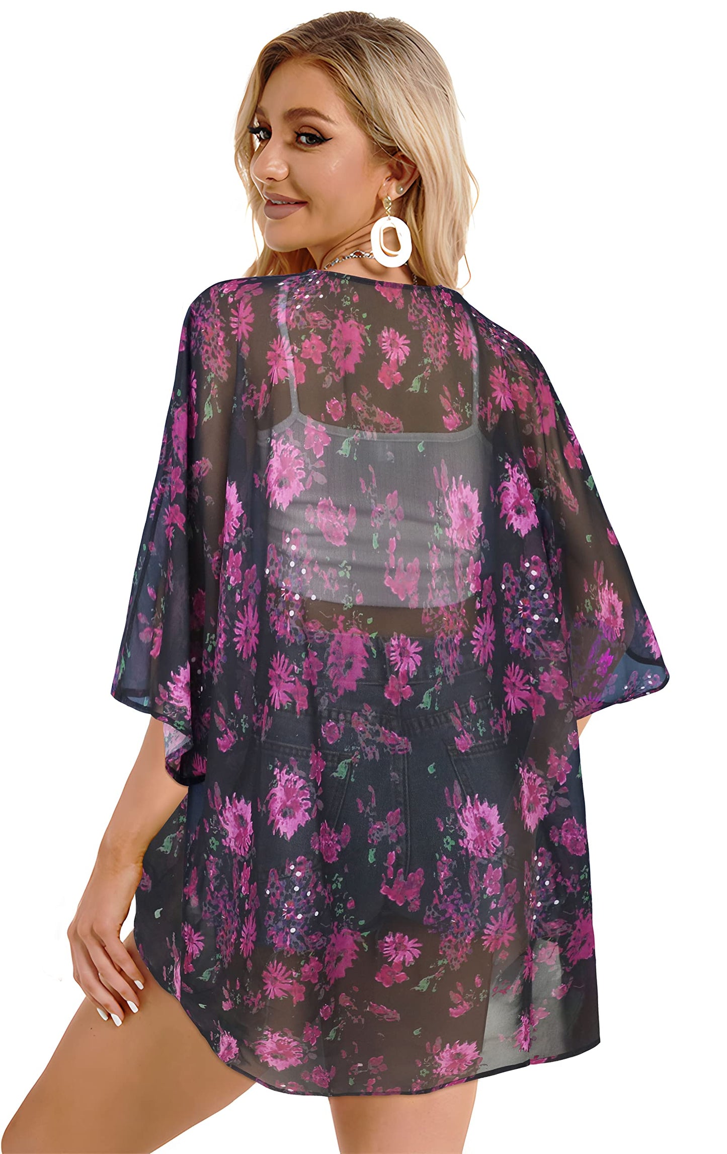 Women's Fall Tops Dressy Casual Kimono Cardigan Summer Loose Cover Up Blouse Hawaiian Shirts (RoseFloral, S)