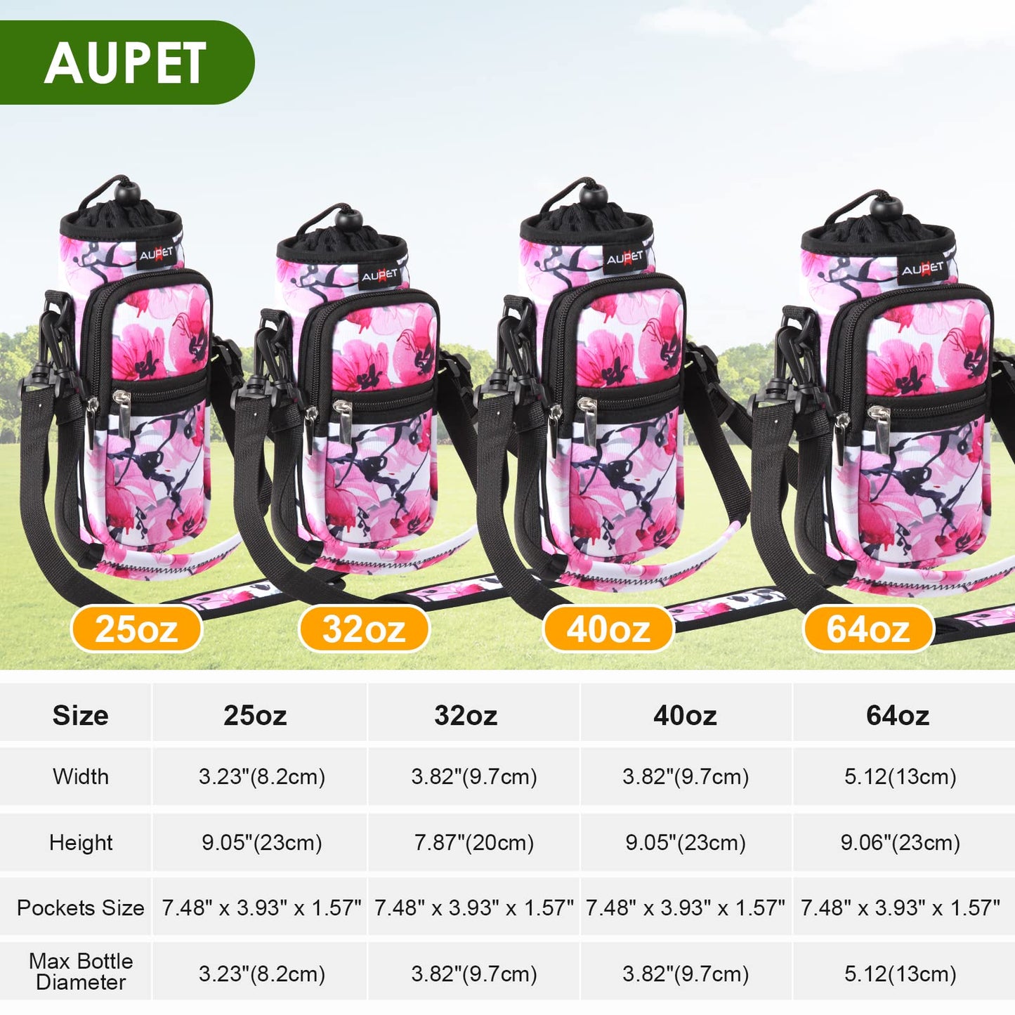 AUPET Water Bottle Sling Bag Sleeve Holder Carrier 25/32/40/64 oz,Insulated Crossbody Water Bottle Case Cover with Strap and Pockets for Men/Women Walking Hiking Camping (25oz, pink flower)