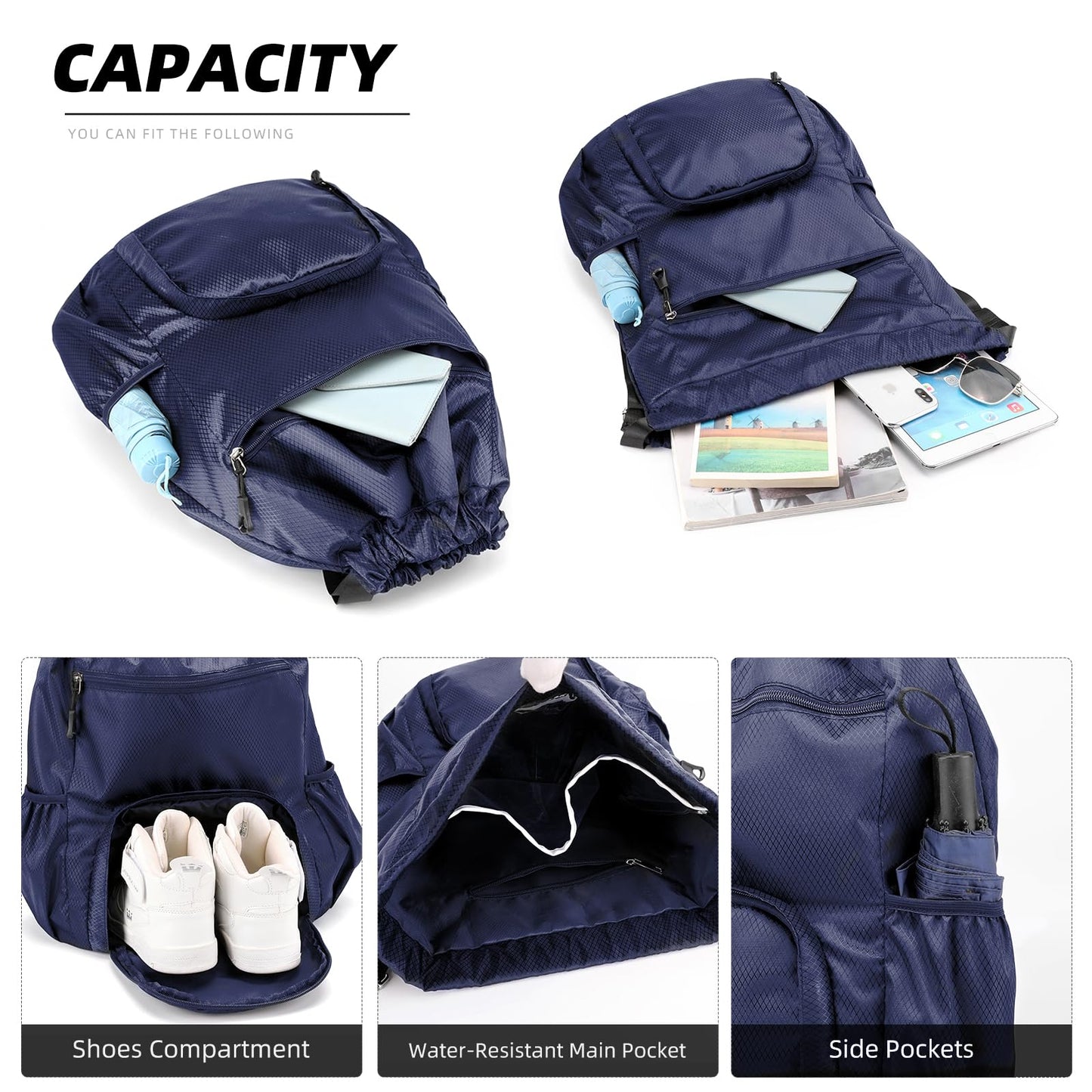 ChuLian Drawstring Backpack with Wet Pocket & Shoe Compartment, Water-Resistant Sports Gym Beach Swim String Bag for Women Men Navy Blue