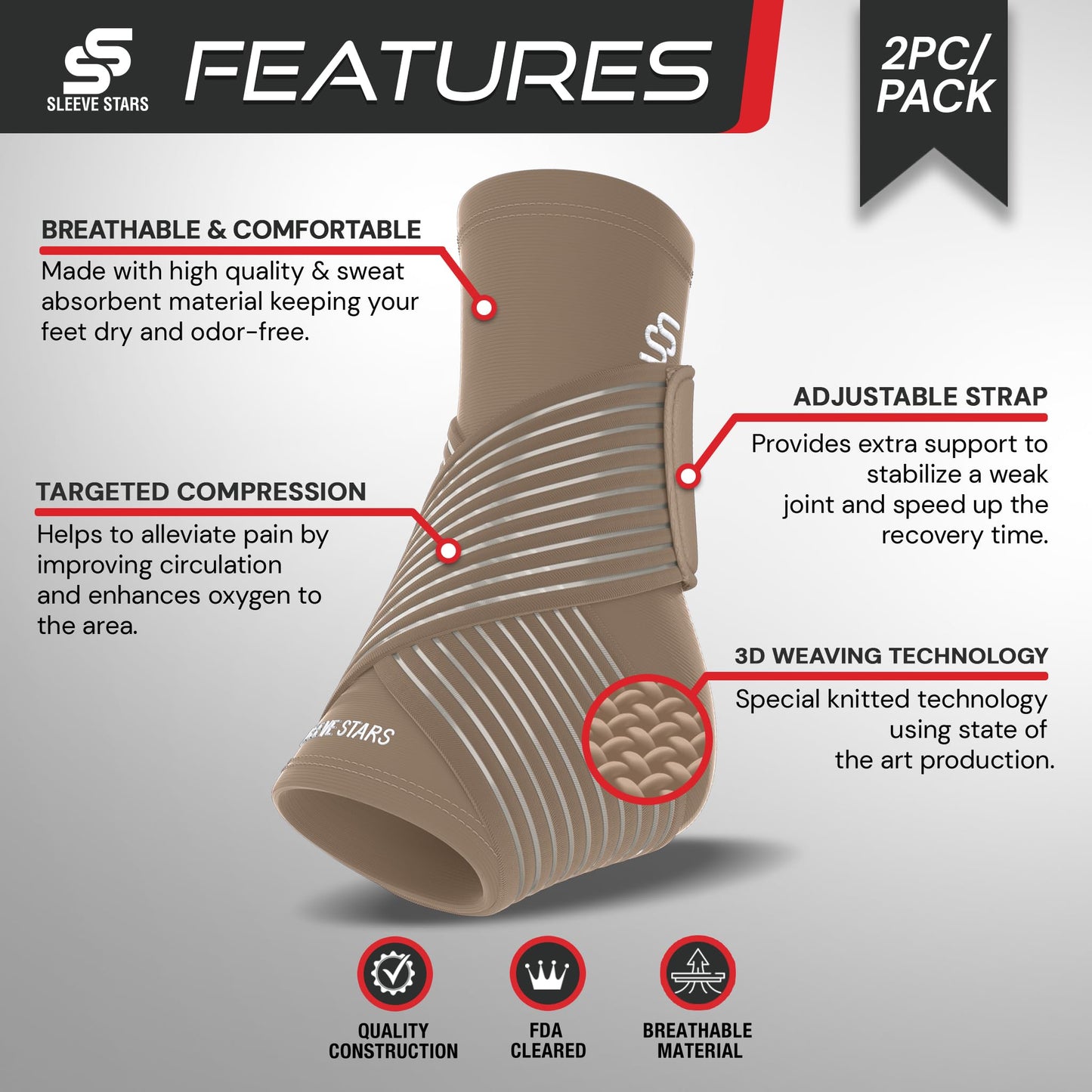 Sleeve Stars Ankle Brace for Sprained Ankle, Plantar Fasciitis Relief Achilles Tendonitis Brace, Ankle Support for Women & Men with Strap, Heel Protector Wrap for Pain & Compression (Single/Beige)