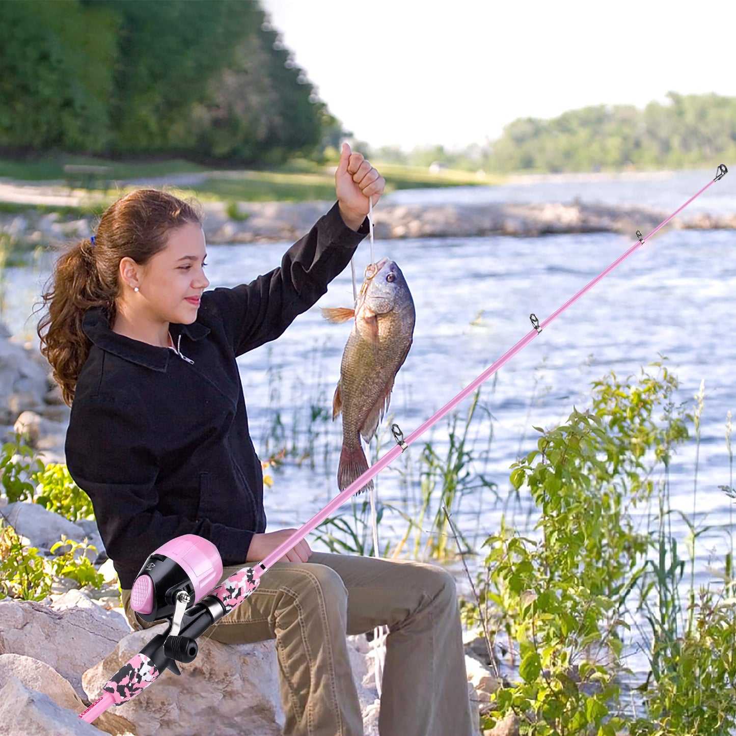 ODDSPRO Kids Fishing Pole - Kids Fishing Starter Kit - with Tackle Box, Reel, Practice Plug, Beginner's Guide and Travel Bag for Boys, Girls (Light Pink, 1.5M 4.92Ft)