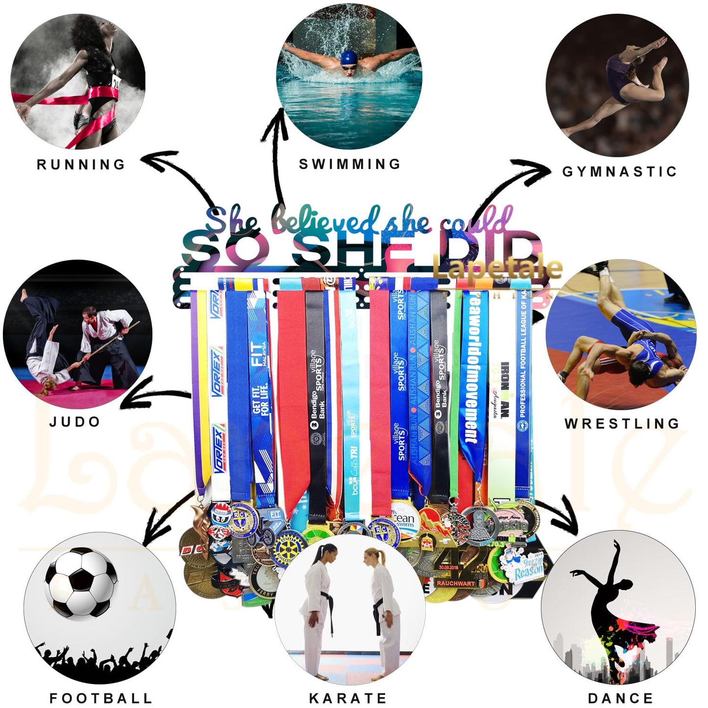 Lapetale Fashion Medal Hanger Holder Display Wall Rack Frame Shelf in 16" Long-Medal Hanger Awards Ribbon Cheer,Gymnastics,Soccer,Softball Holder Display Custom Rack for Sports Medals Easy to Install