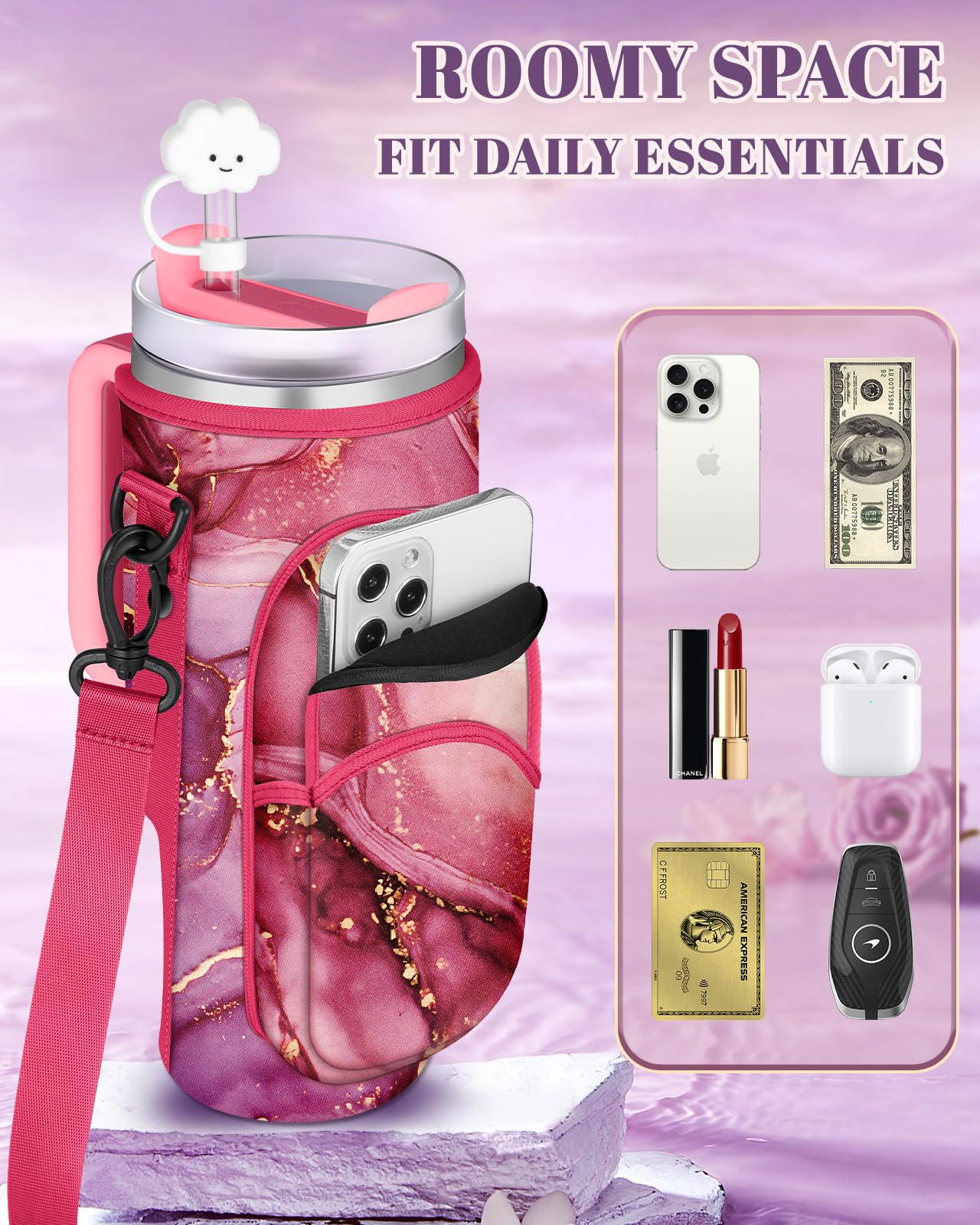 Toykee Water Bottle Holder Carrier Bag for Stanley 40 OZ Tumbler with Strap Phone Pocket, Wrap Around Drink Cup Purse Pouch with Straw Cover Cleaner Brush Accessories Marble Print
