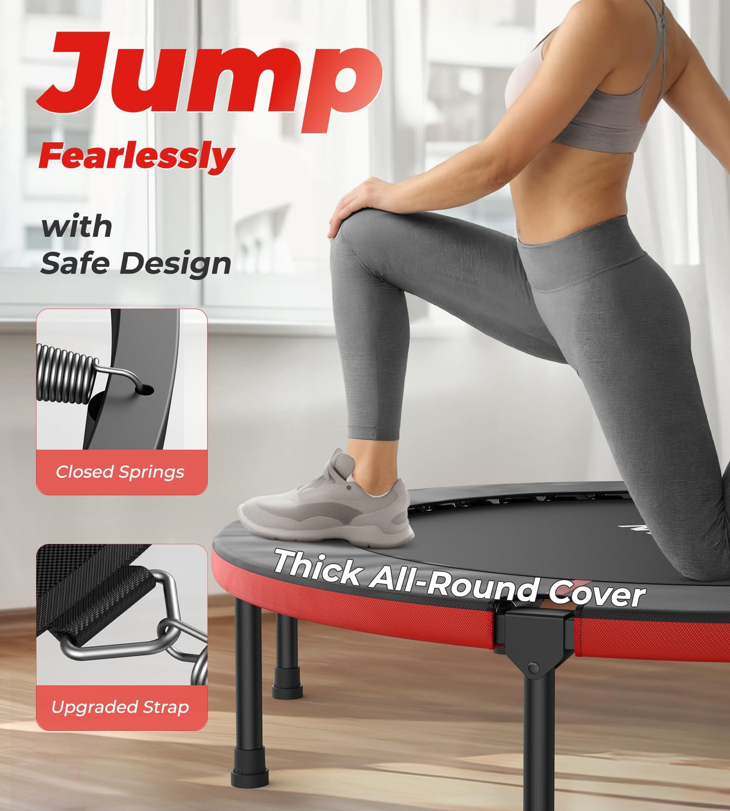 BCAN 40"/48" Foldable Mini Trampoline, Rebounder Trampoline for Adults, U/T Shape Adjustable Foam Handle, Exercise Rebounder for Kids Adults Indoor/Garden Workout, Max Load 330lbs/440lbs