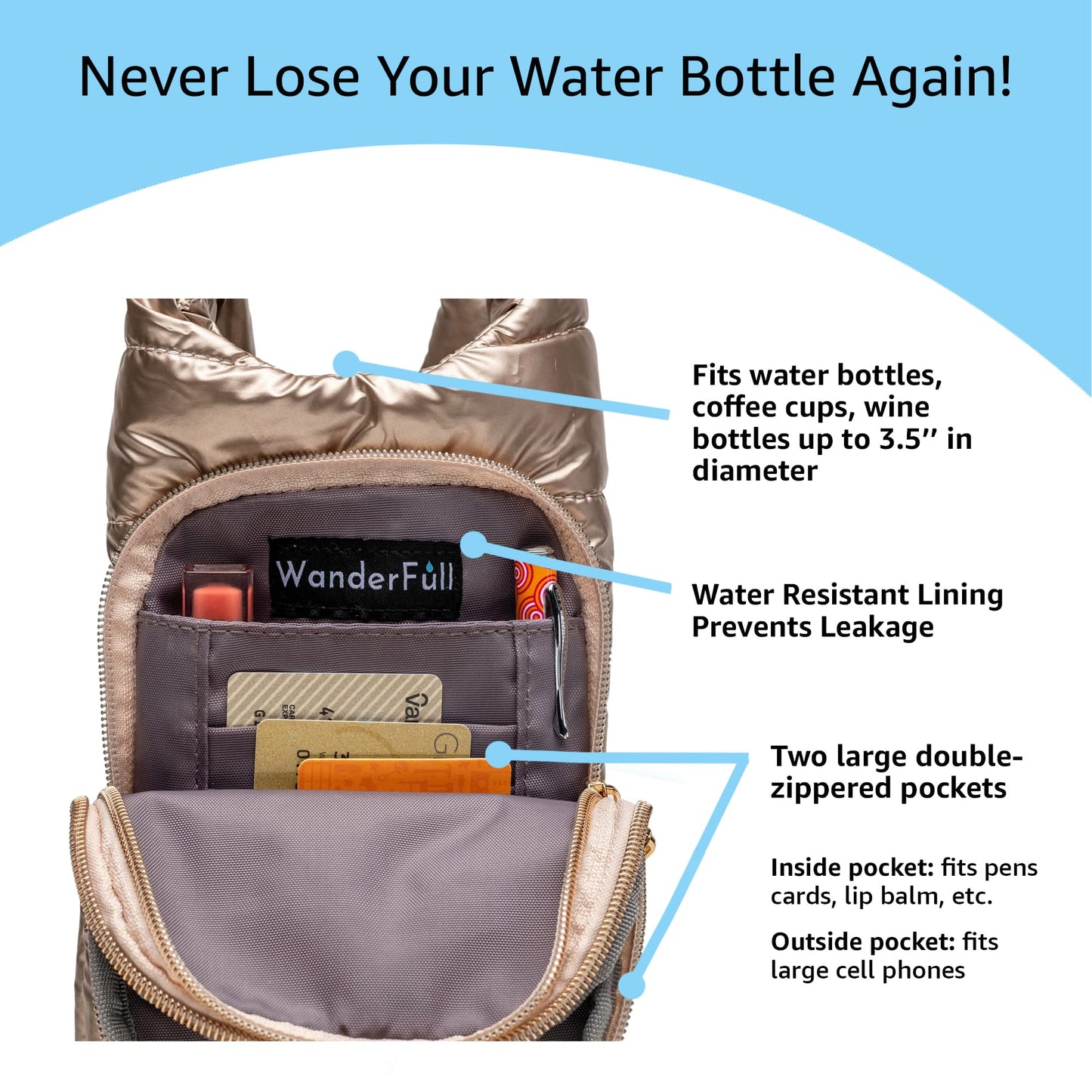 WanderFull Original Crossbody HydroBag | Quilted Water Bottle Carrier | Puffer Tote Tumbler Holder with Pockets for Phone & Accessories | Carry Travel Essentials (Gold Metallic/Interchangeable Strap)