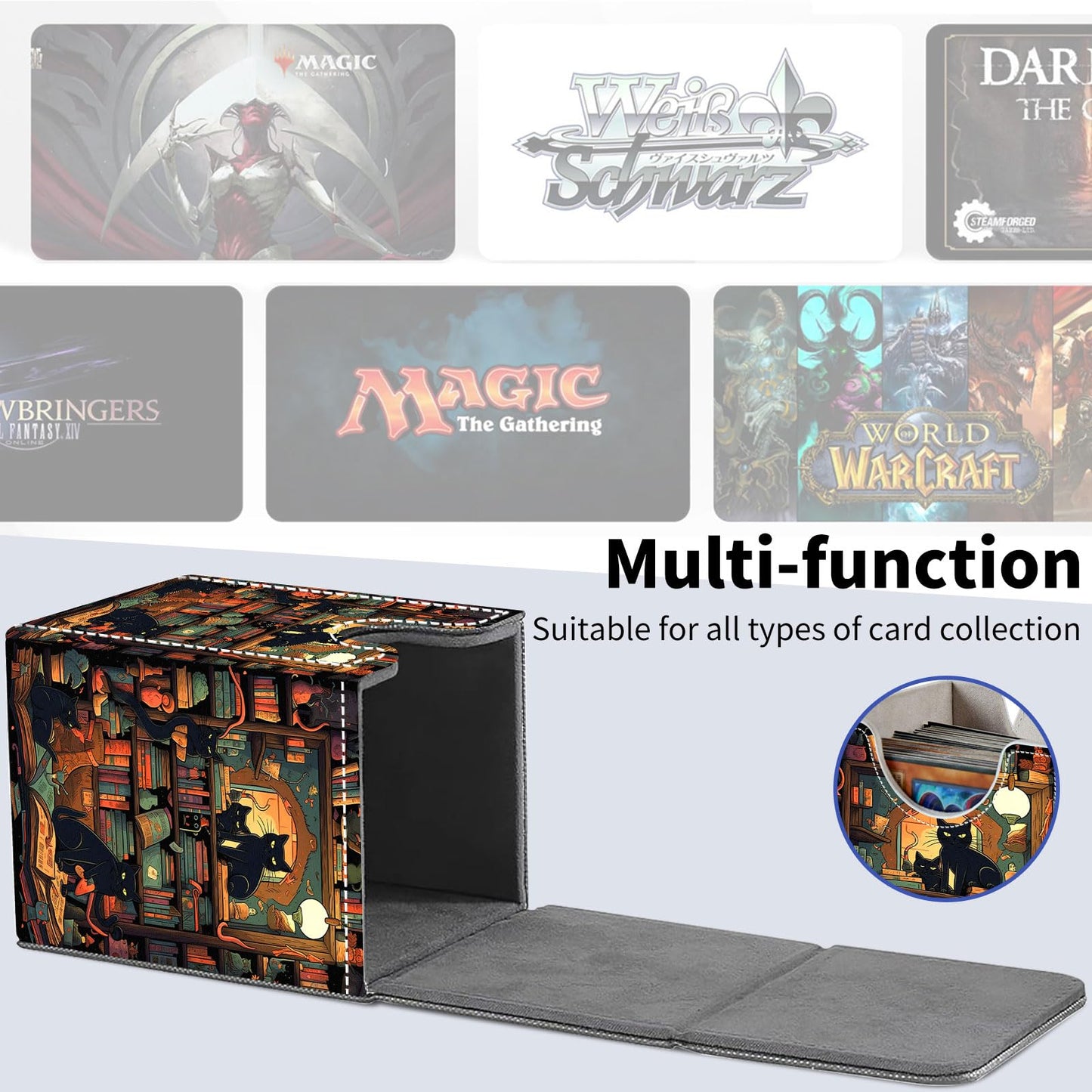Qindaiwen Card Deck Box for Trading Cards, MTG Deck Box Fits 100+ Single Sleeved Cards, PU Leather Strong Magnet Card Deck Case Holder for Magic Commander TCG CCG, Night Cat 02