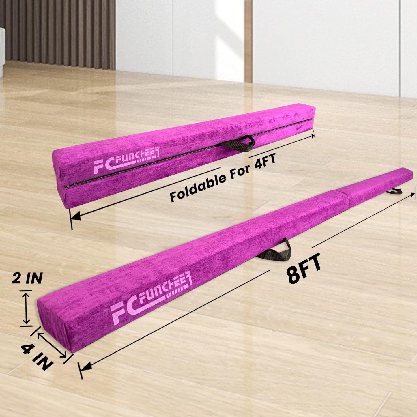 FC FUNCHEER 8FT Folding Balance Beam -Gymnastics Floor Beam - Gymnastics Equipment- Anti-Slip Bottom - Suede Cover - Carry Bag for Kids/Adults Home & Gym Center