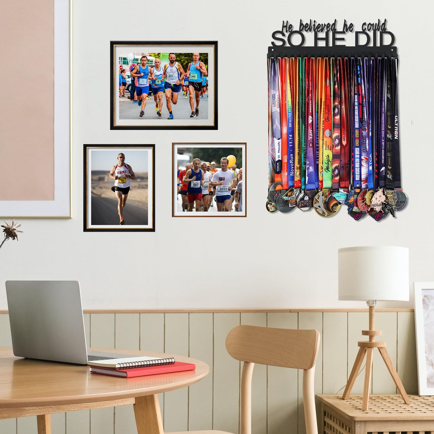 Goutoports Medal Holder Display Hanger - He Believed He Could He Did - Personalized Medal Wall Hanger for Sport Race Runner Sturdy Black Steel Metal Over 60 Medals Easy to Install