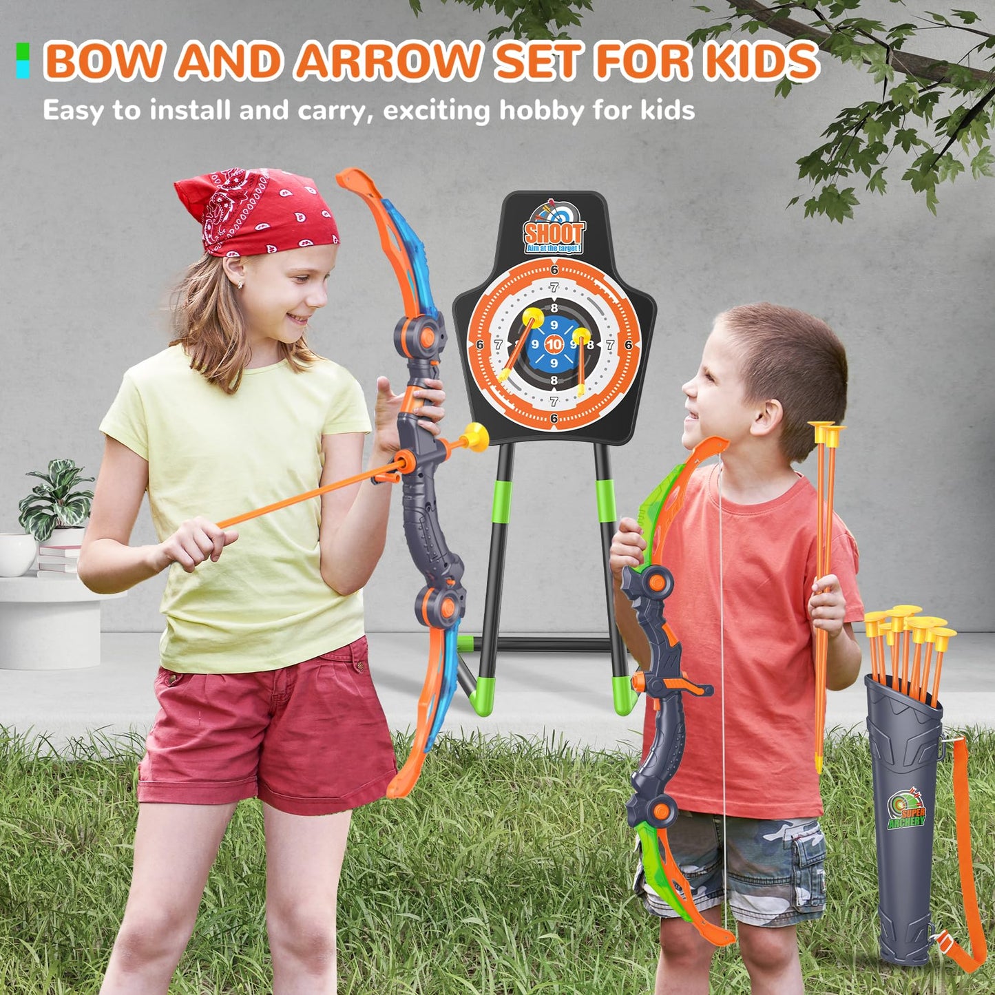GMAOPHY Bow and Arrow for 5 6 7 8 9 10 11+ Year Old Boys, Birthday Gift for Kids, Indoor Outdoor Activity Toys, 2 Pack LED Light Up Archery Toy with 20 Suction Cup Arrows, Standing Target, 2 Quiver